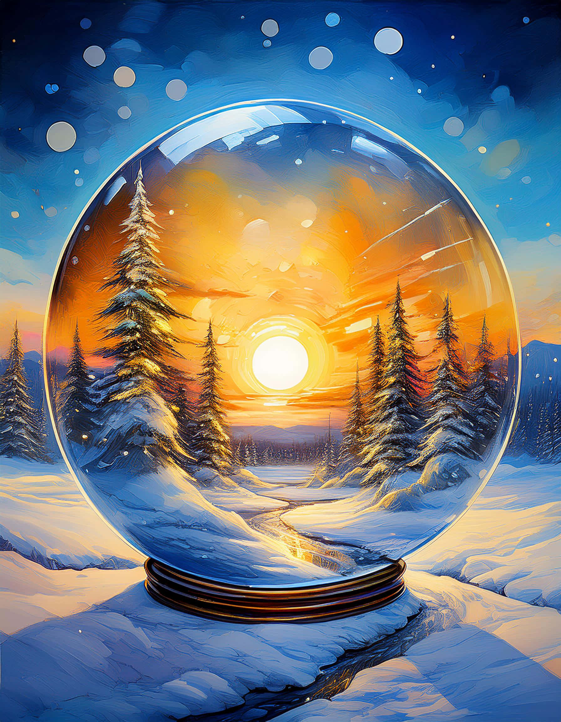 snow globe, snowy forest, sunset, Full HD Phone Wallpaper