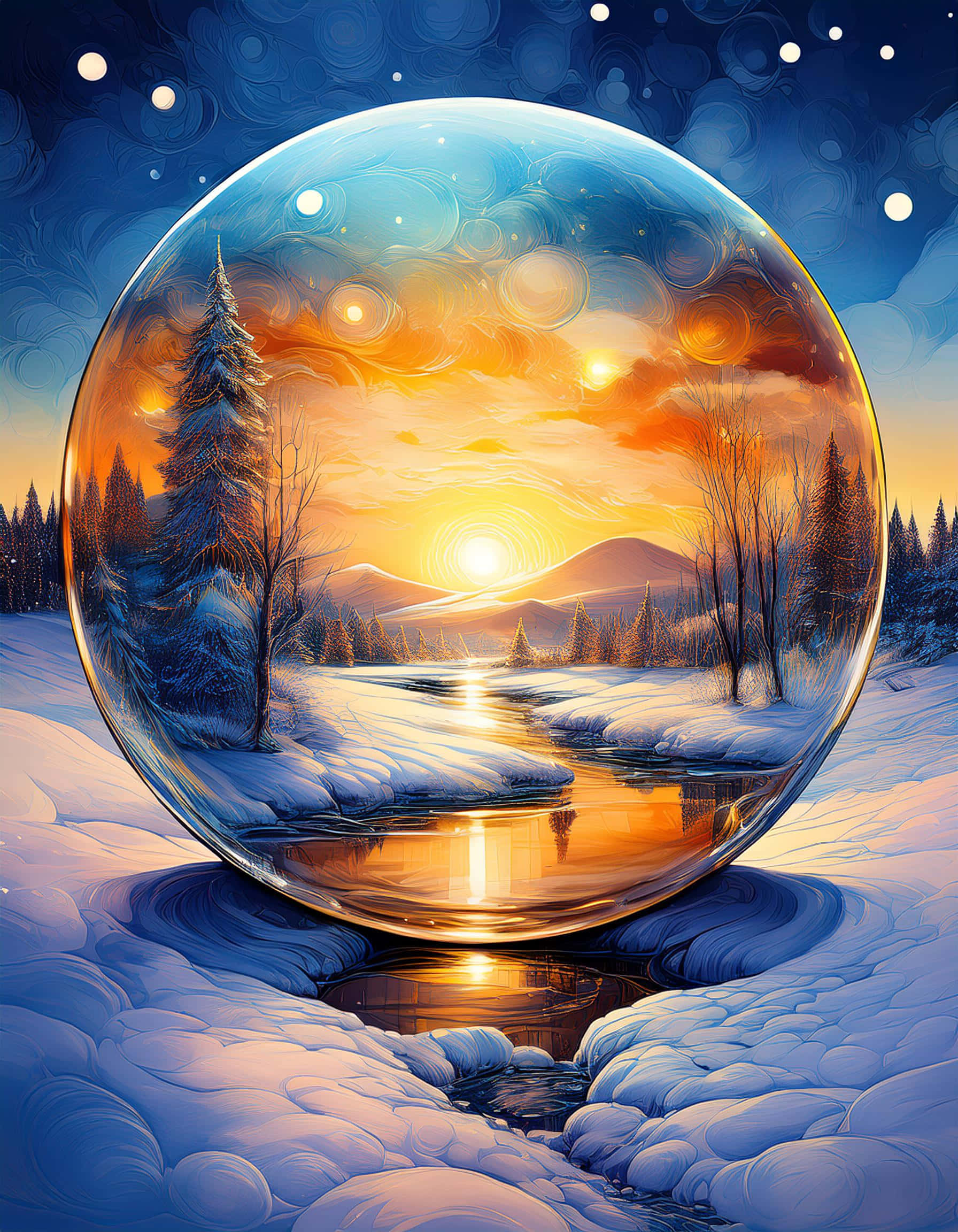 sunset magic in the winter sphere, snow globe, snowy landscape, Full HD Phone Wallpaper