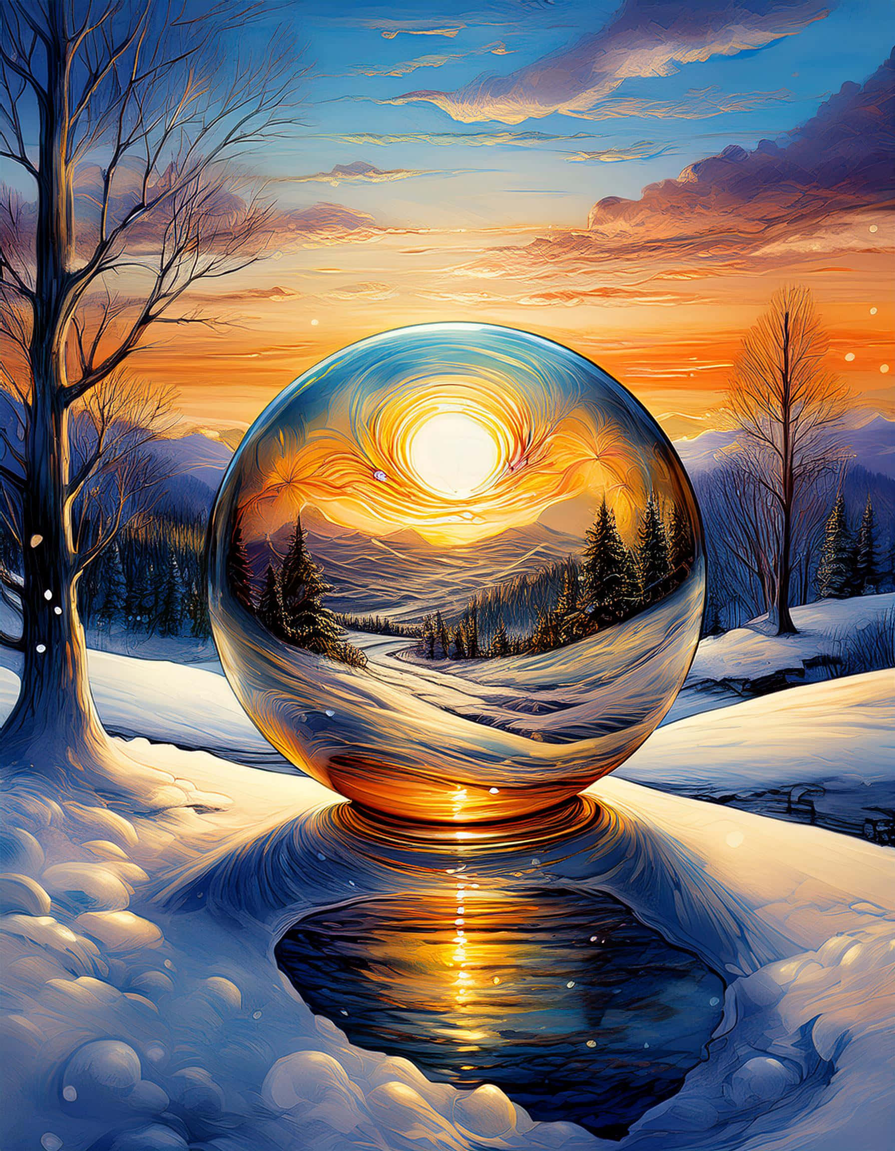 sunset magic, winter sphere, glowing crystal sphere, Full HD Phone Wallpaper