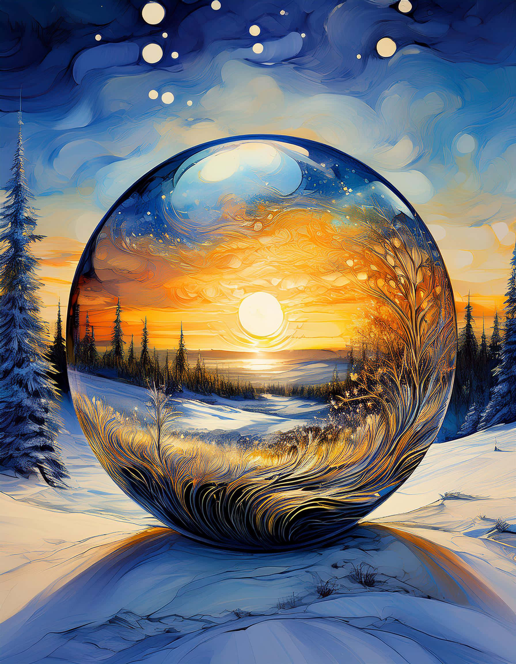 sunset magic in the winter sphere, giant glass sphere, snowy woods, Full HD Phone Wallpaper