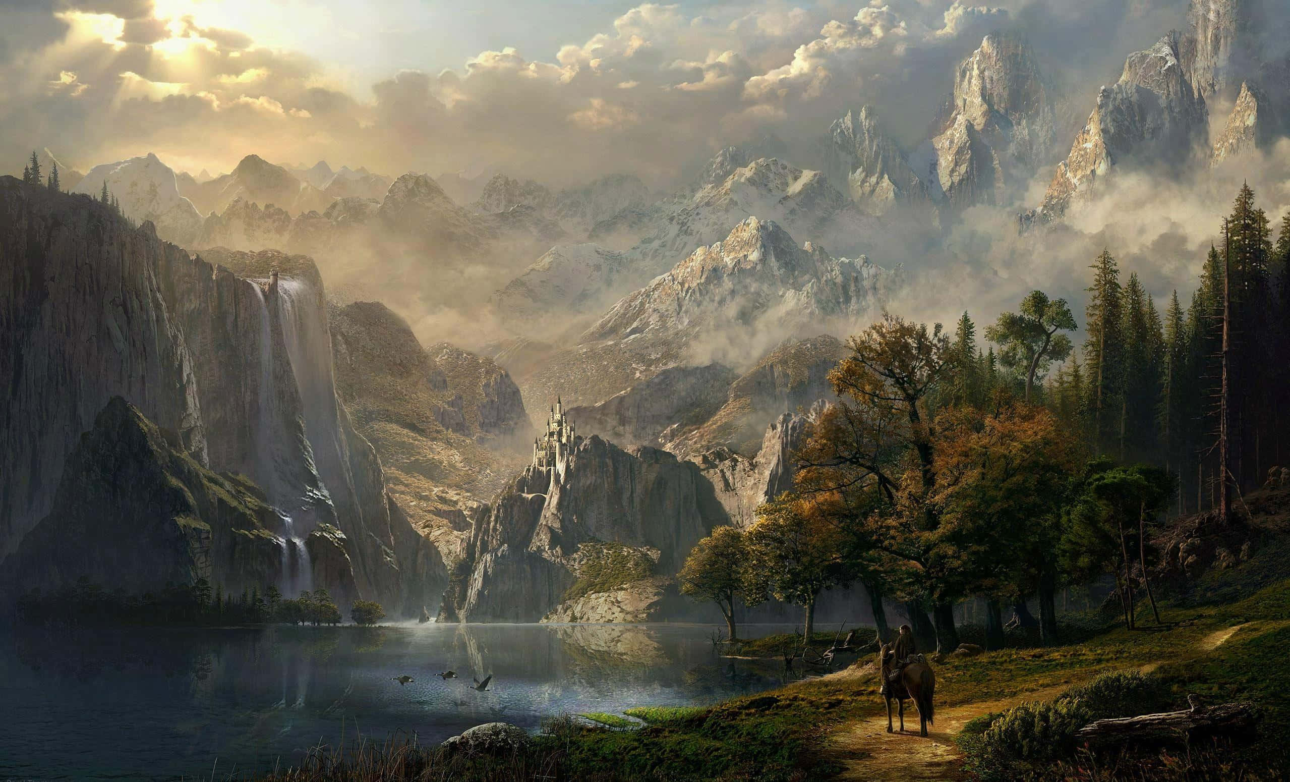 mystical mountain valley, lone rider, horseback, Full HD Desktop Wallpaper
