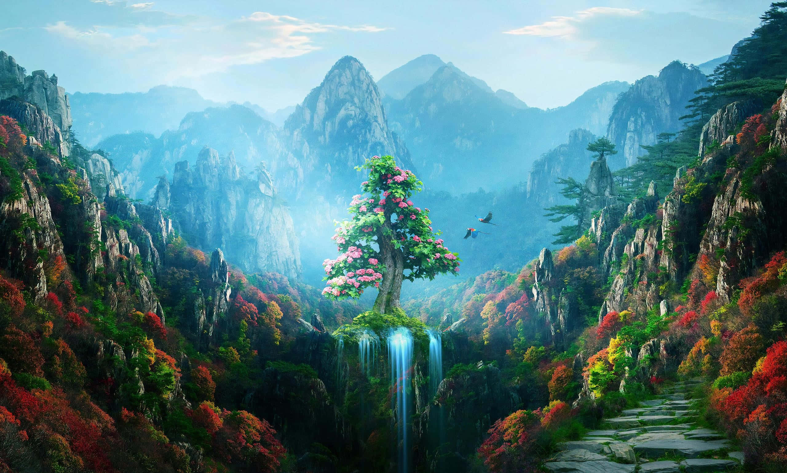enchanted mountain valley, lone tree, pink blossoms, 2K Desktop Wallpaper