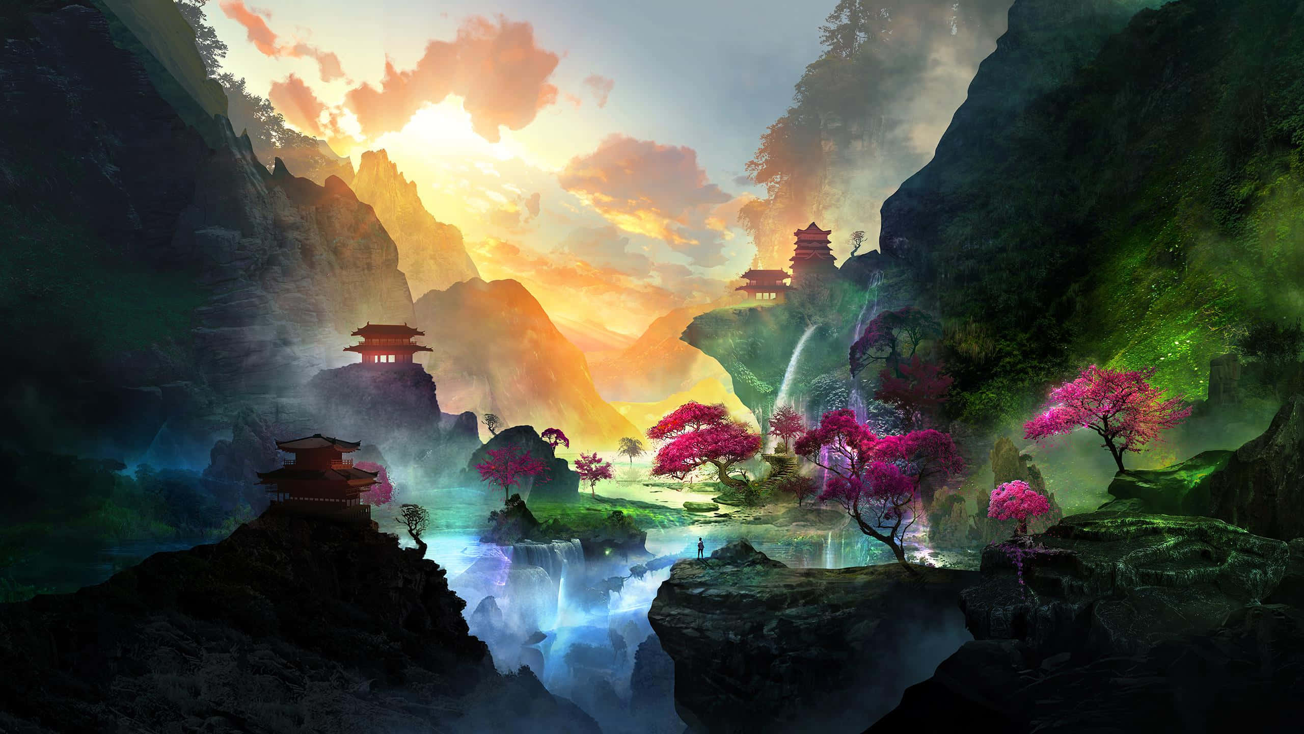 enchanted oriental sunset valley, floating pagodas, cascading waterfalls, 2K Desktop Wallpaper