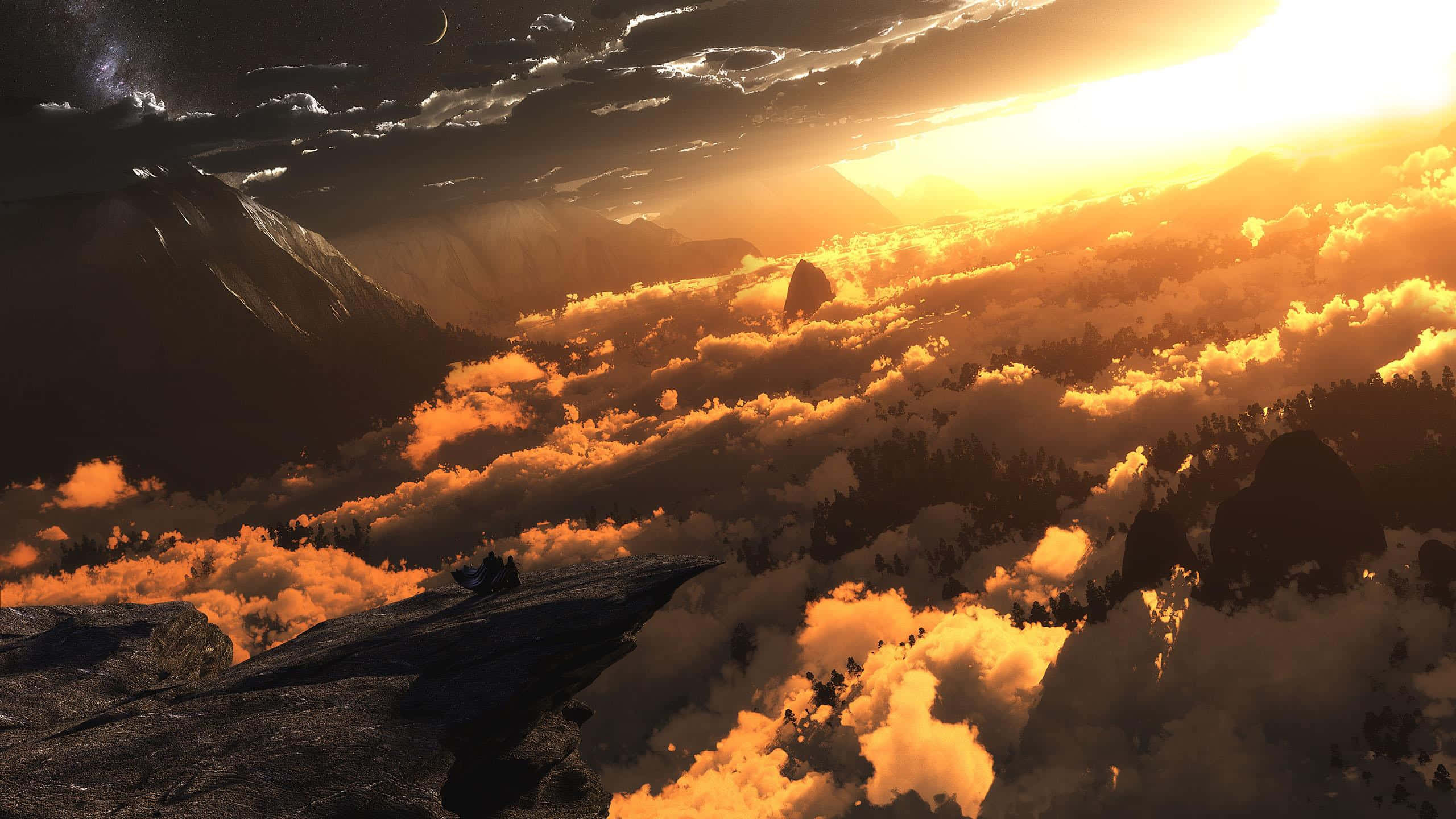 sunset, golden clouds, jagged mountains, 2K Desktop Wallpaper