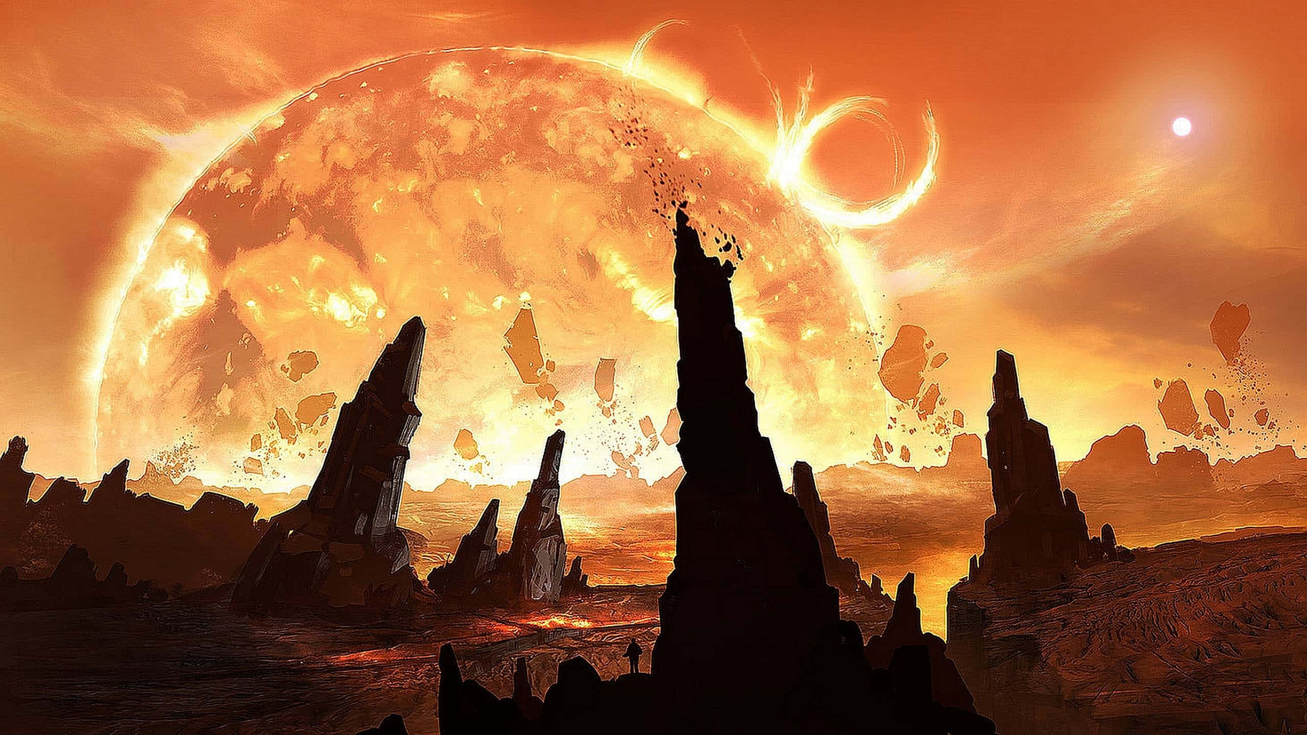 fiery planet, glowing rings, jagged rock formations, 2K Desktop Wallpaper