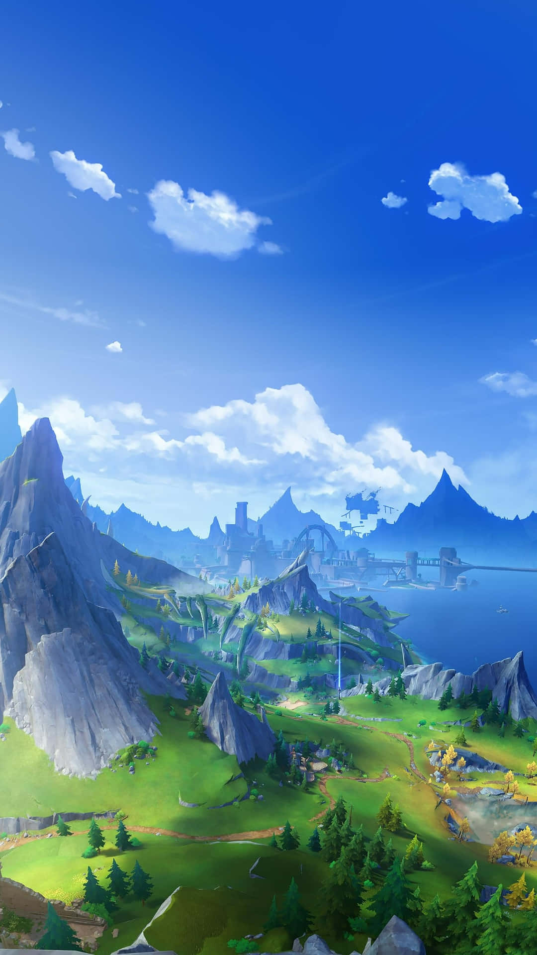 fantasy landscape, lush green valleys, jagged mountains, Full HD Phone Wallpaper