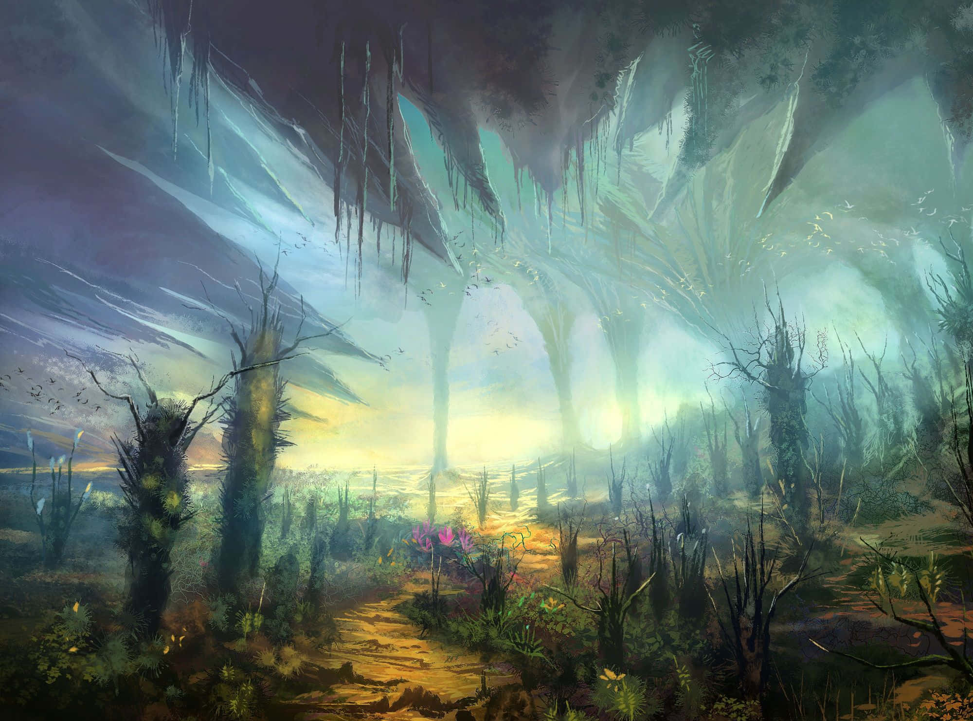 mystical forest, skeletal trees, glowing light, Full HD Desktop Wallpaper