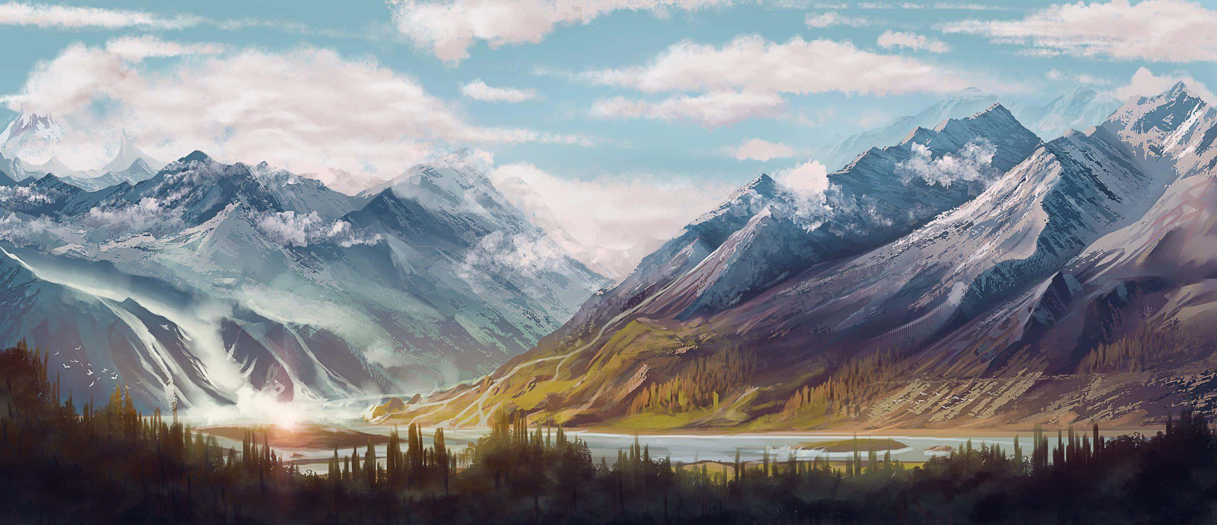 mystic mountain valley sunrise, snow-capped peaks, serene lake, Full HD Desktop Wallpaper