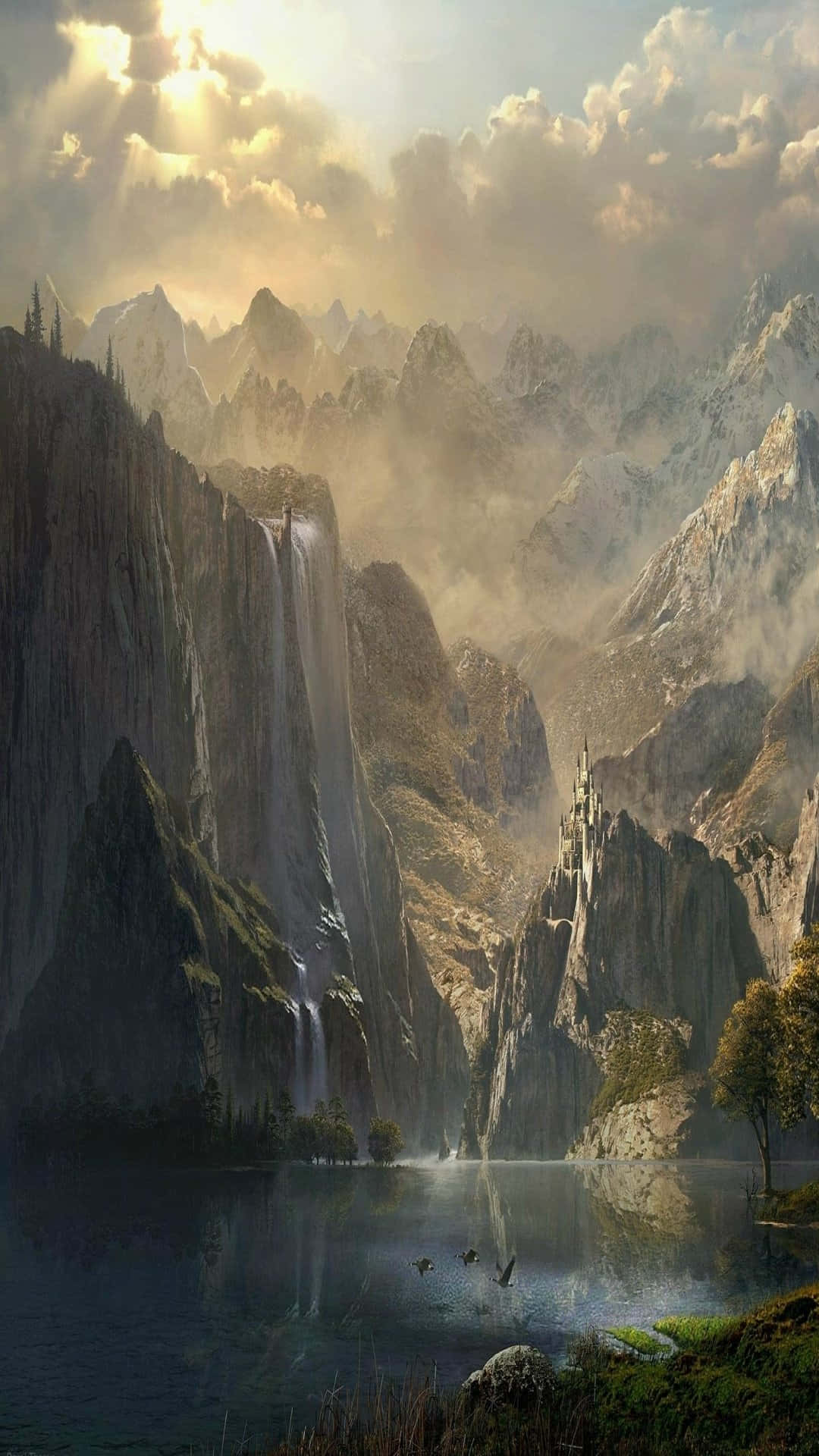 mystical mountain, waterfall, castle, Full HD Phone Wallpaper