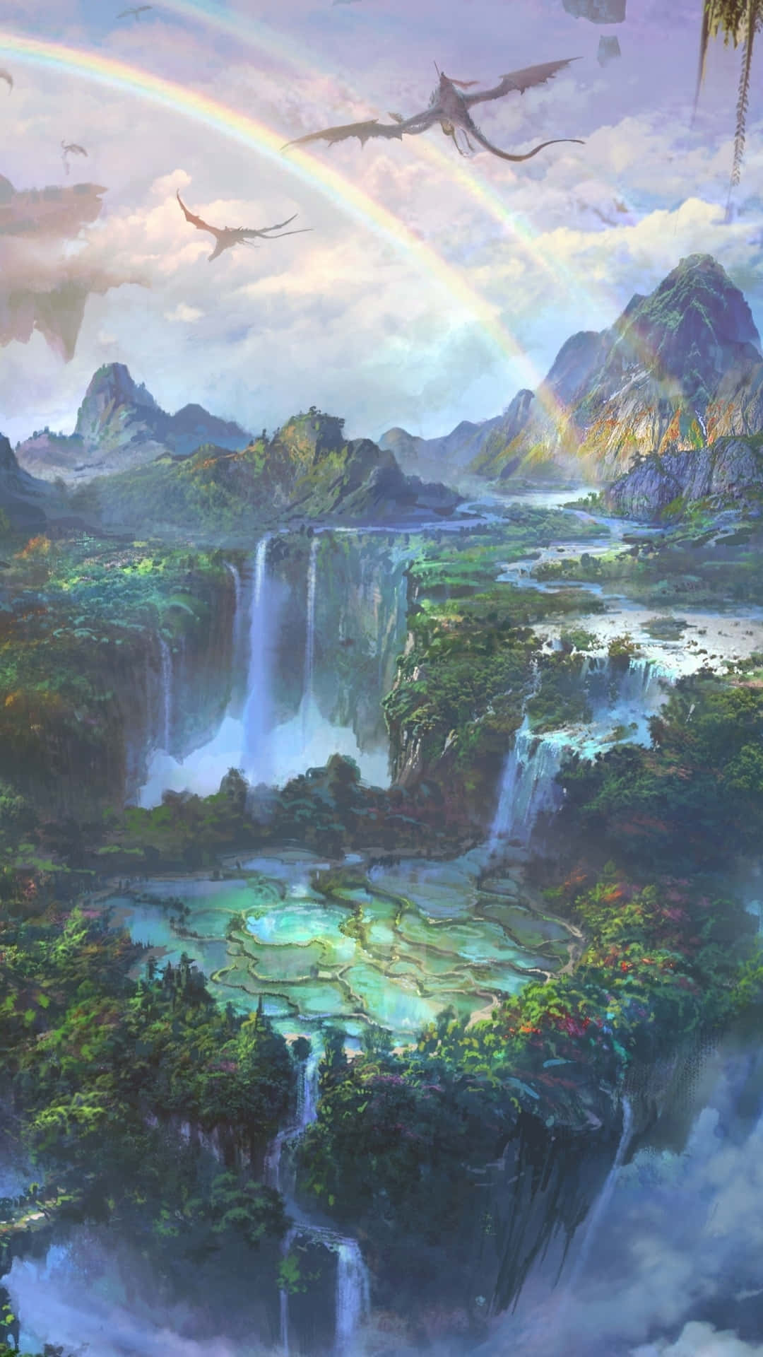 mystical valley, dragons, rainbow, Full HD Phone Wallpaper