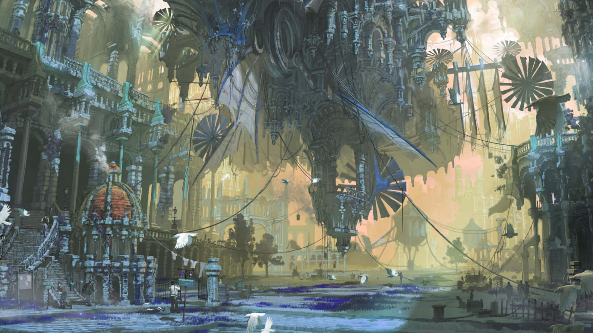 steampunk cityscape, towering mechanical structures, glowing pipes, Full HD Desktop Wallpaper