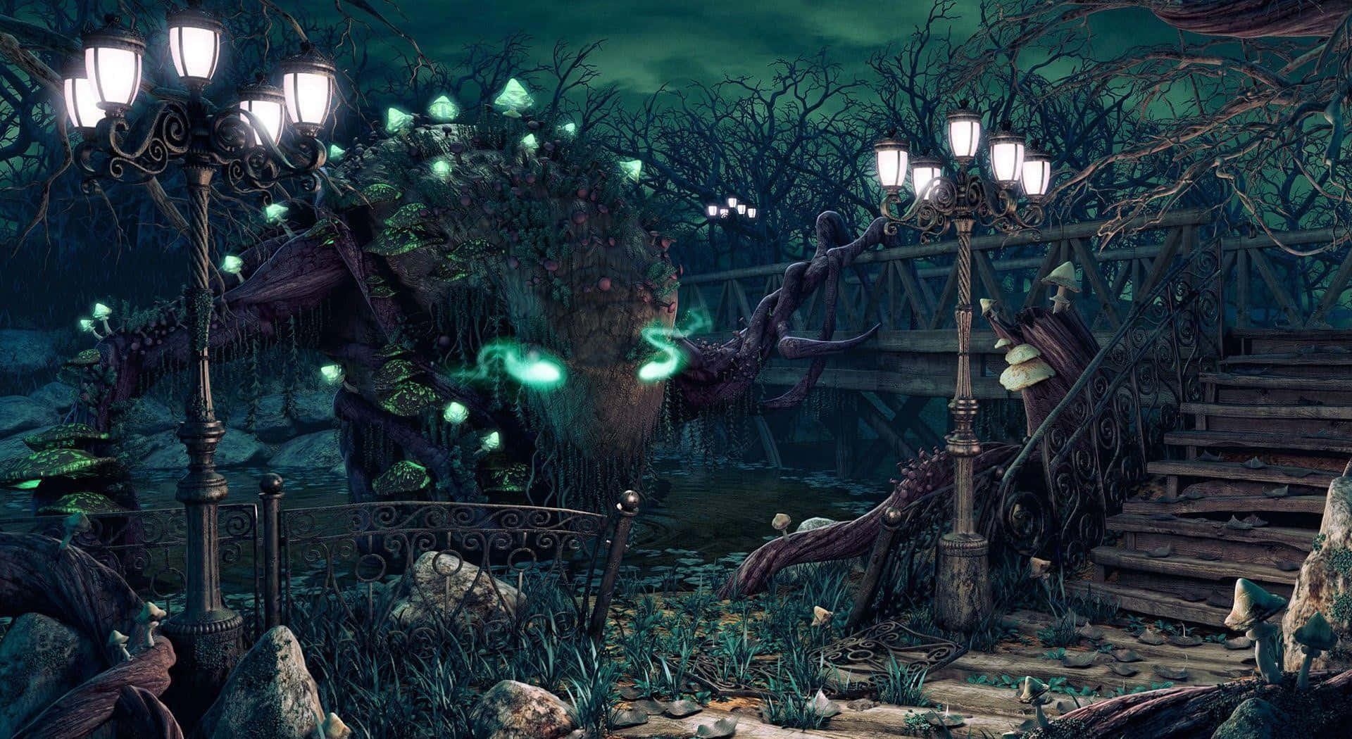 enchanted nighttime garden, dark enchanted forest, glowing mushrooms, Full HD Desktop Wallpaper