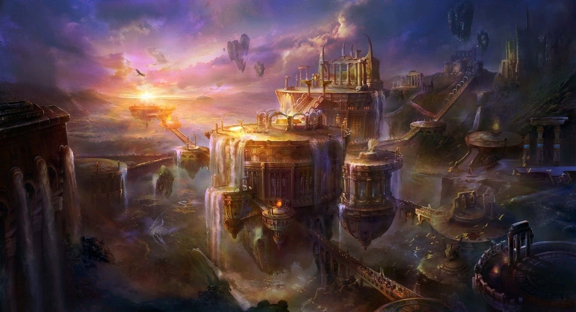 floating city, cascading waterfalls, ancient architecture, Full HD Desktop Wallpaper