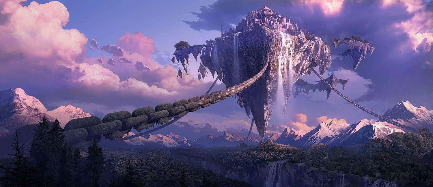 floating mountain fortress, cascading waterfalls, forested valley, HD Desktop Wallpaper