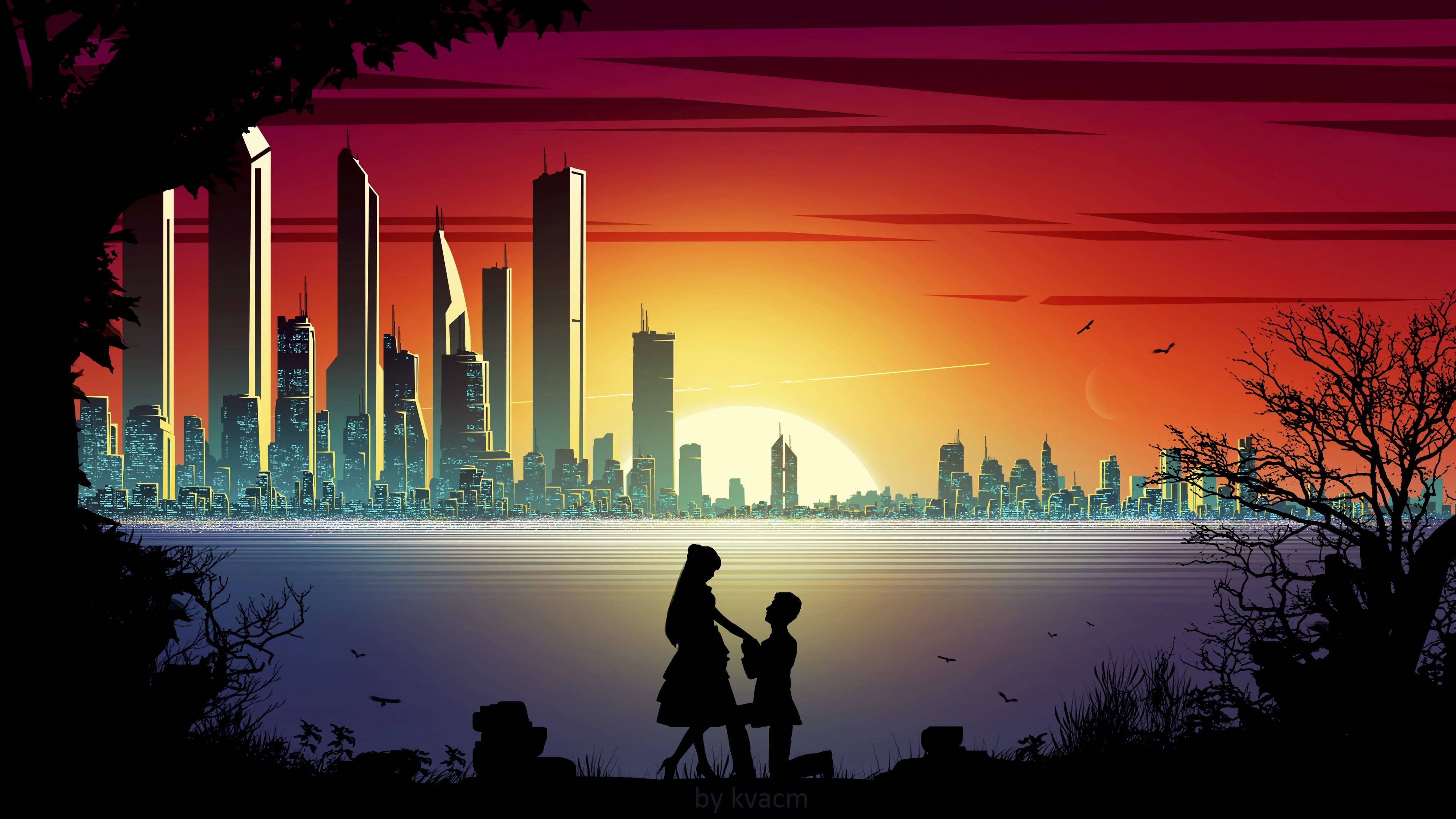 silhouette, couple holding hands, sunset, 4K Desktop Wallpaper