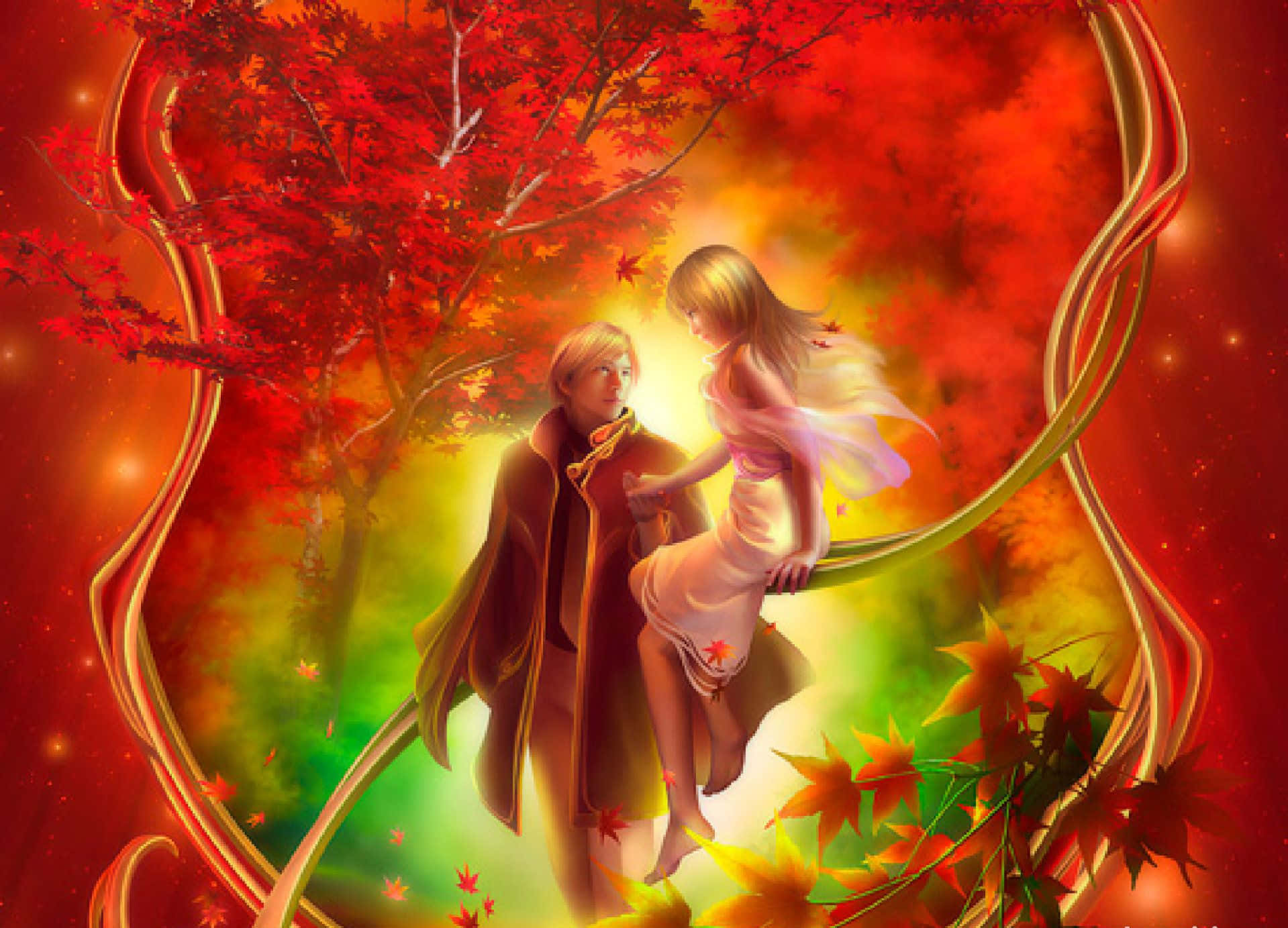 enchanted autumn lovers, glowing couple, vibrant red maple tree, HD Desktop Wallpaper