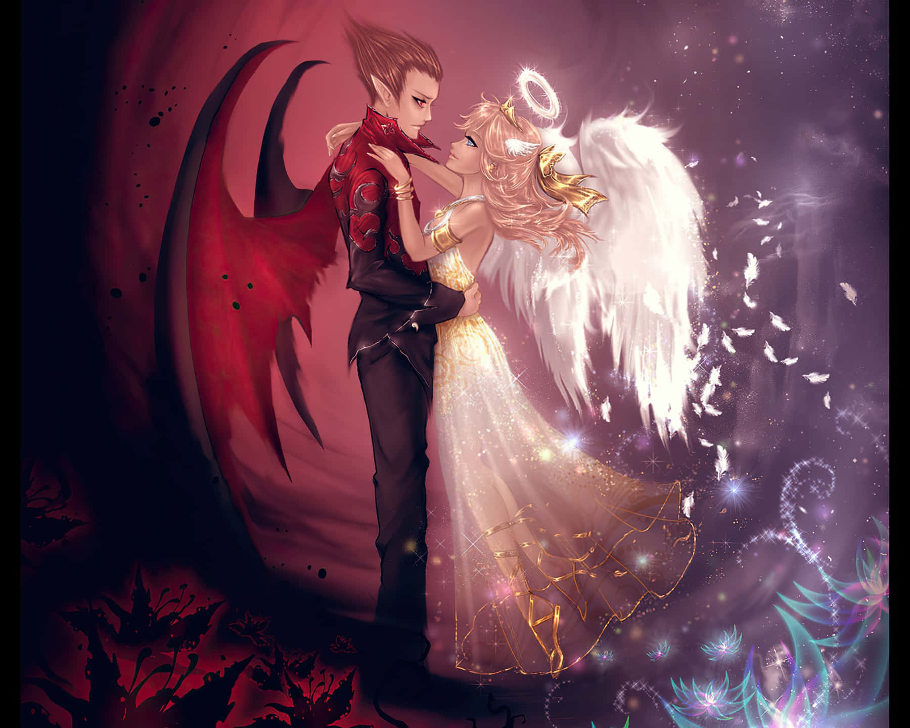 red-winged demon, golden-winged angel, magical cosmic setting, HD Desktop Wallpaper