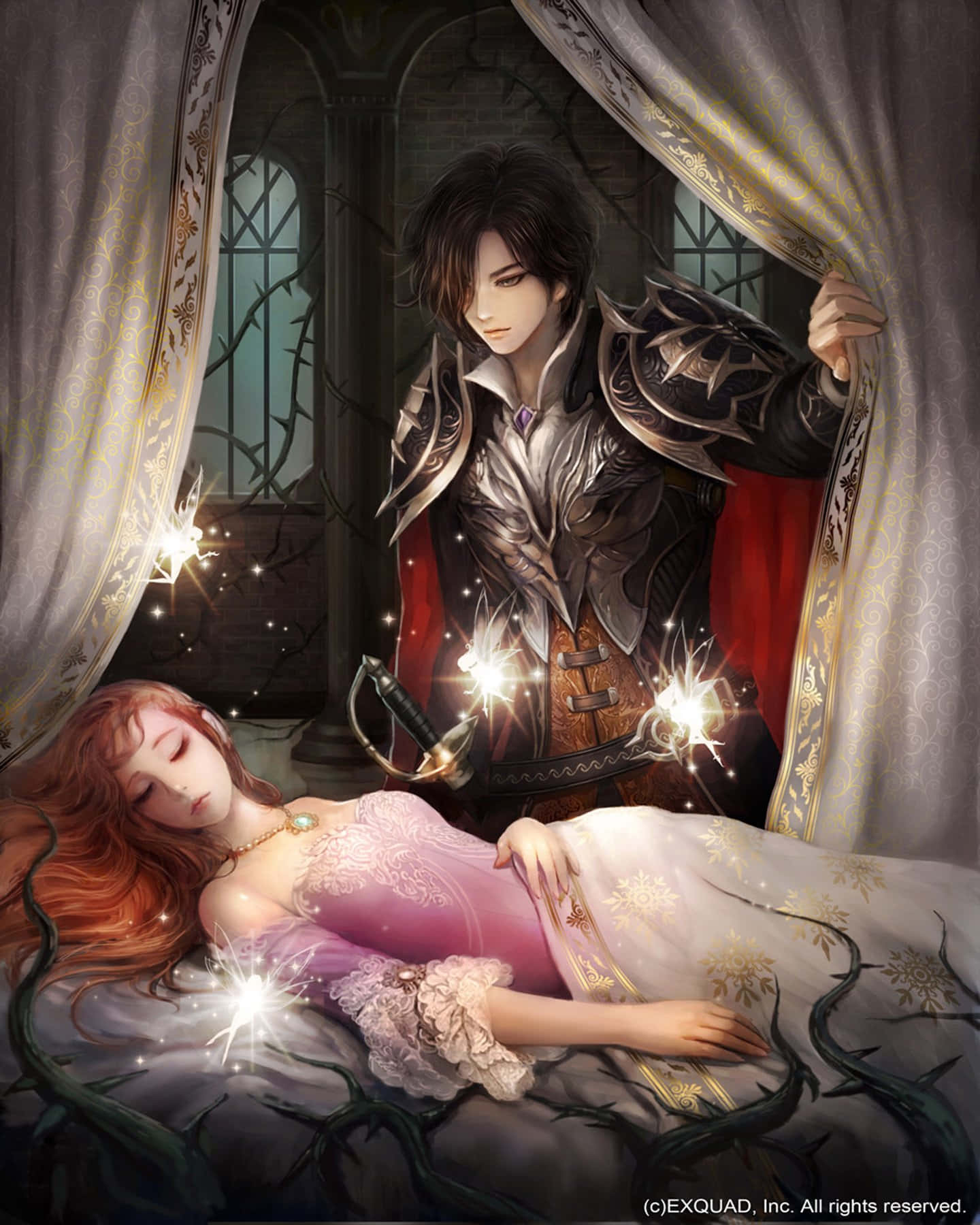 knight in ornate armor, sleeping princess in a lavish bed, glowing magical sparks, HD Phone Wallpaper