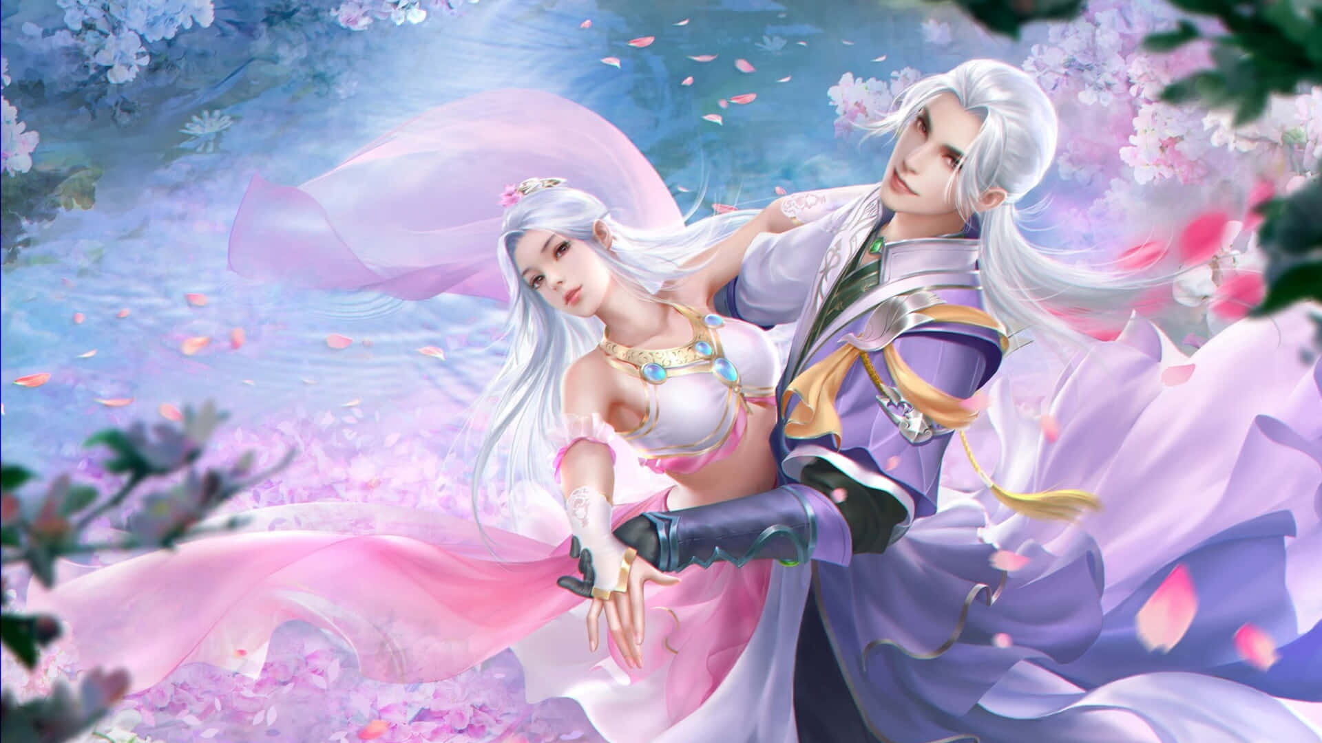 anime couple, silver hair, falling cherry blossoms, Full HD Desktop Wallpaper
