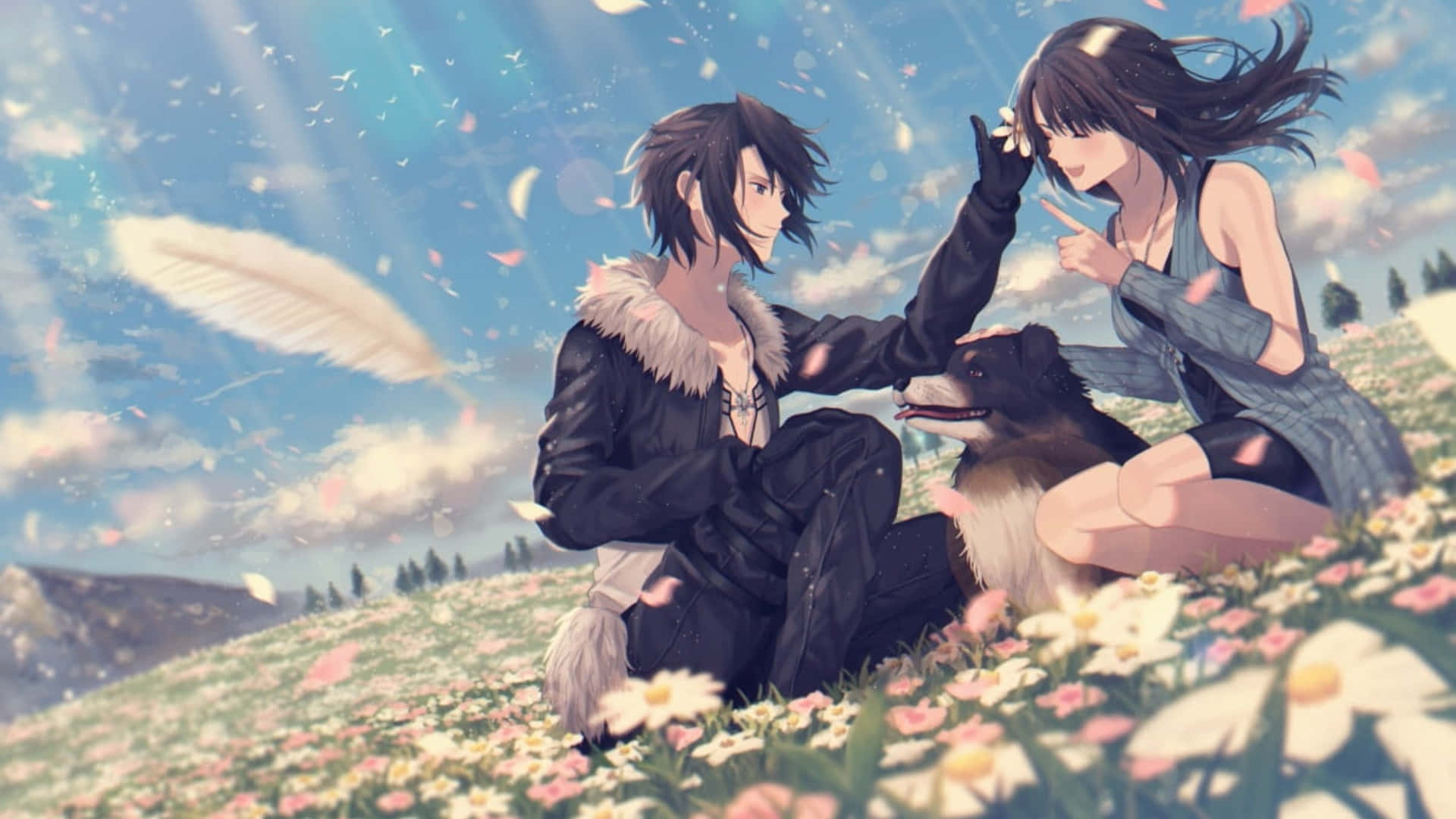 Fantasy Meadow Love, anime characters, dog, Full HD Desktop Wallpaper