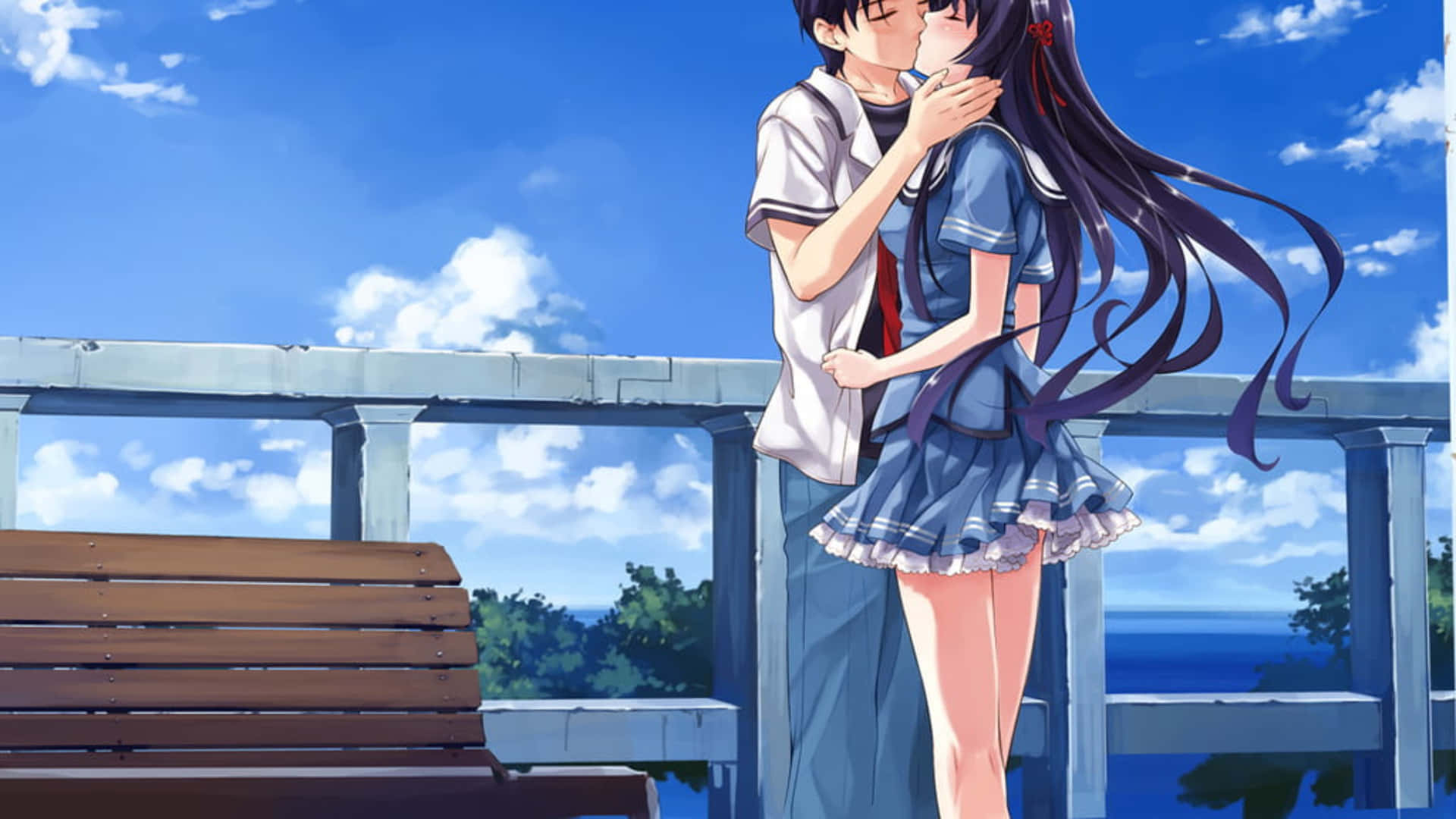 anime couple, kiss, seaside balcony, Full HD Desktop Wallpaper