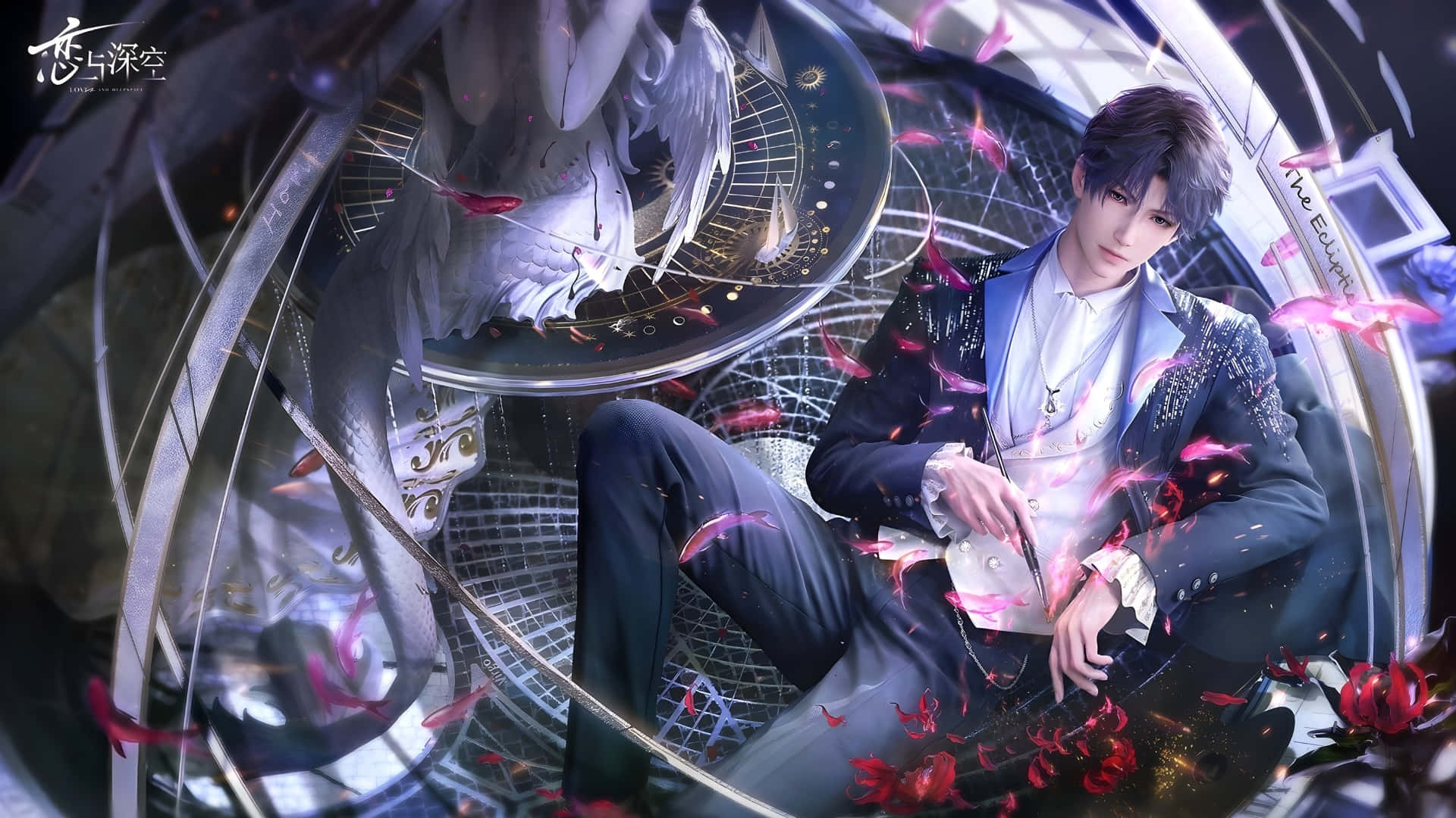 Love In Deep Space Wallpaper, dark suit, floating red petals, Full HD Desktop Wallpaper