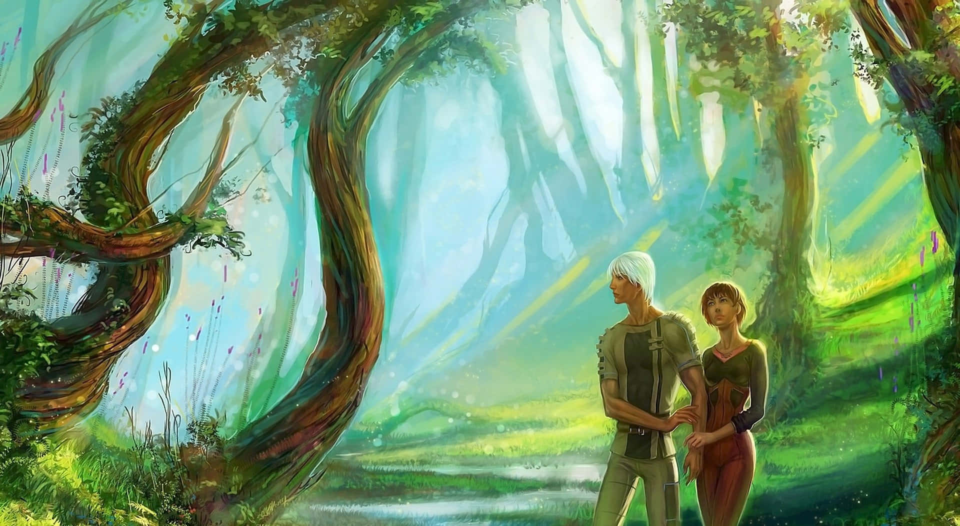 enchanted forest, sunlit fantasy forest, twisting ancient trees, Full HD Desktop Wallpaper