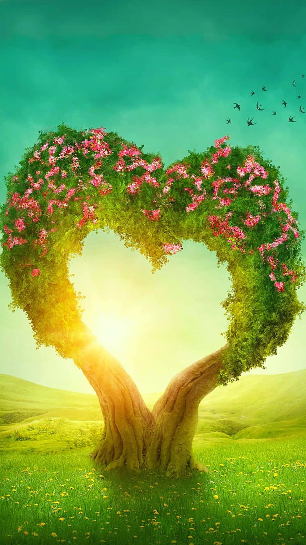 heart-shaped tree, pink blossoms, sunlit meadow, HD Phone Wallpaper