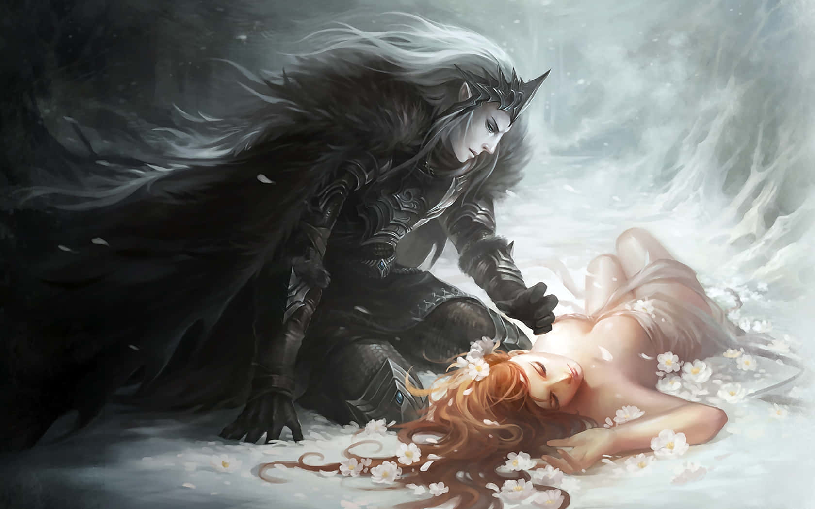 mystical dawn, dark-clad elf, fallen woman, HD Desktop Wallpaper