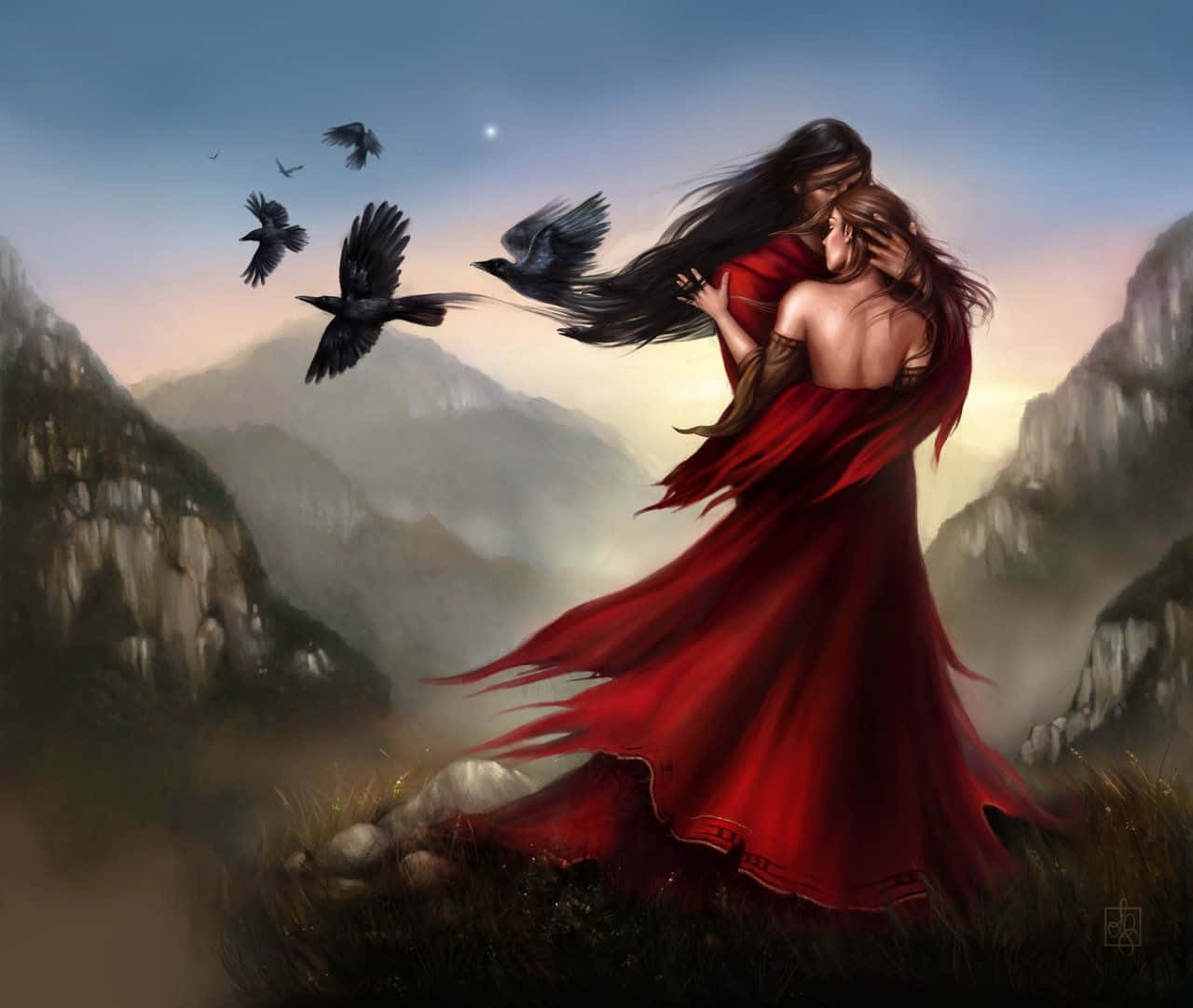 Fantasy Love, mountain ridge, ravens, HD Desktop Wallpaper