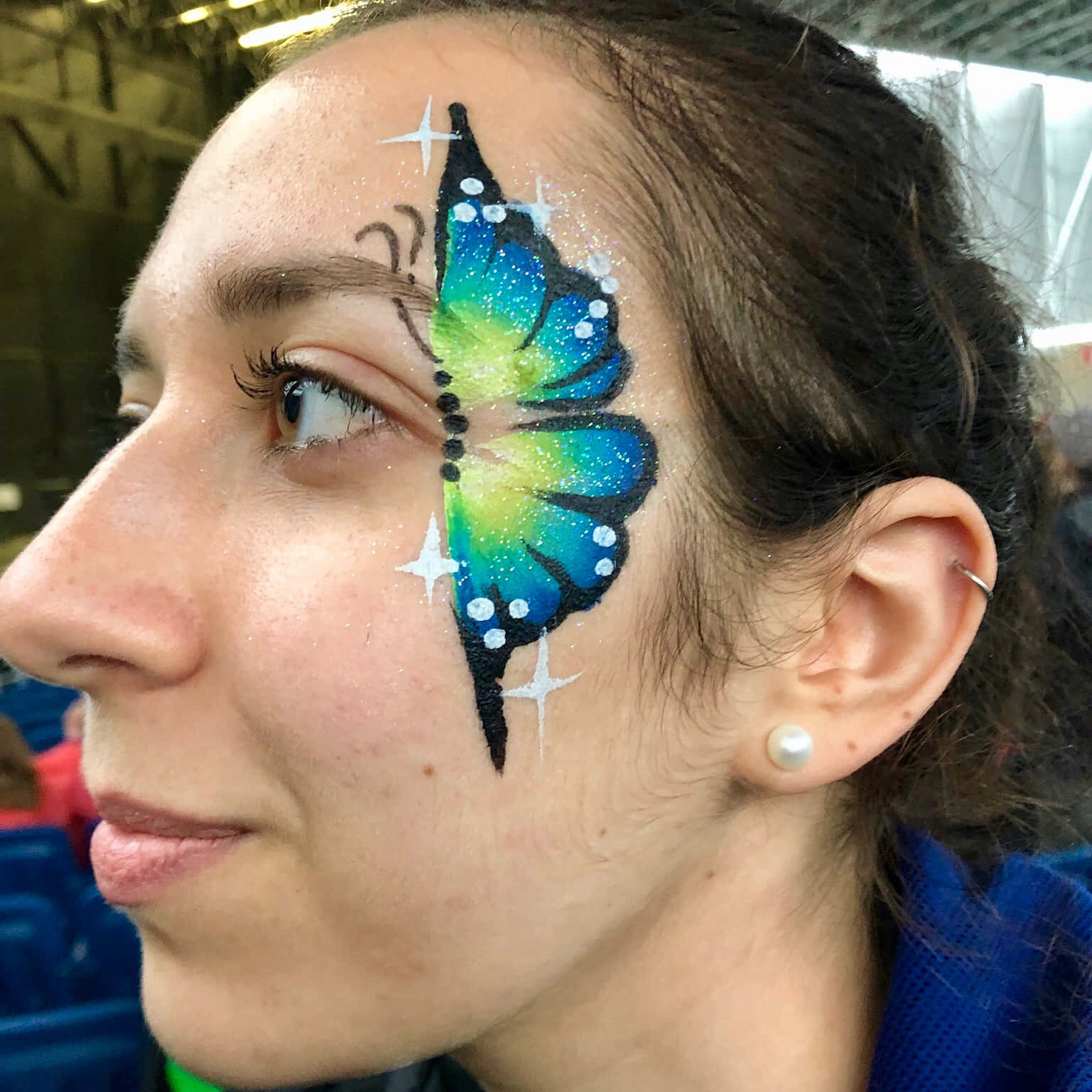 butterfly face painting, vibrant blue and green glitter, white stars, HD Desktop Wallpaper