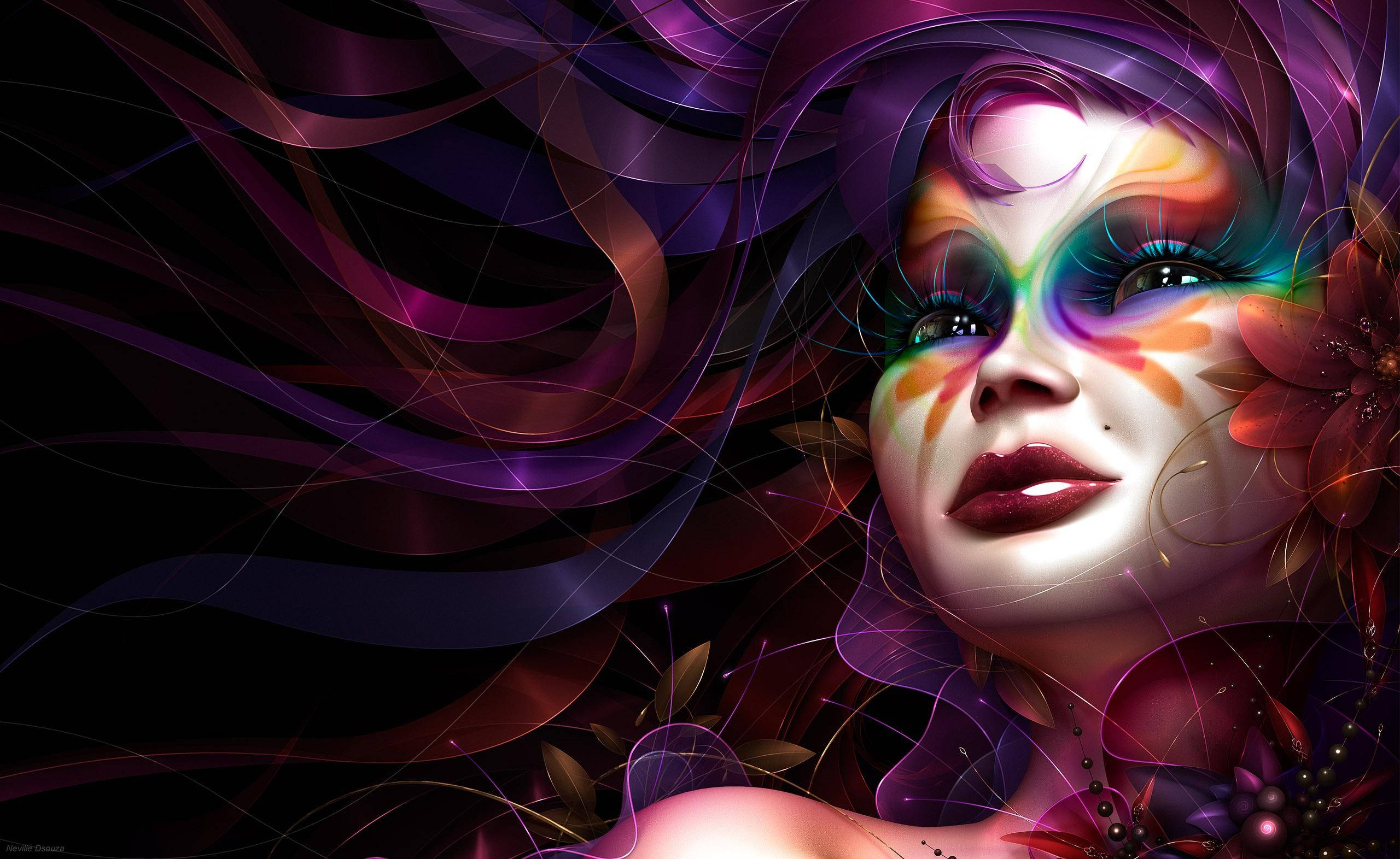 painted face, vibrant rainbow makeup, flowing purple tendrils, 2K Desktop Wallpaper