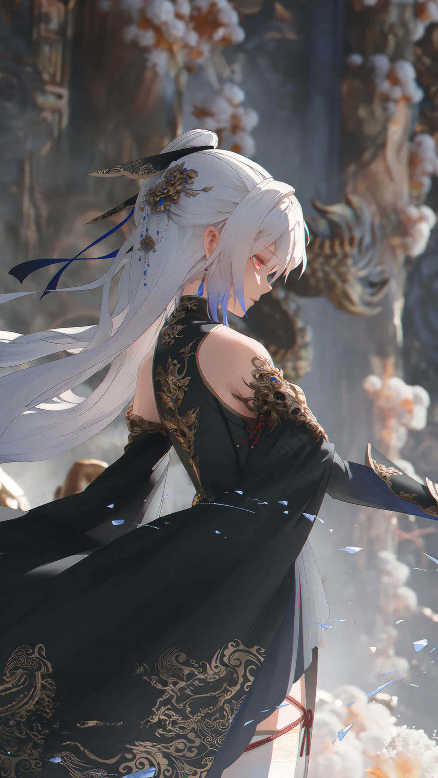 Elegant Fantasy Maiden Artwork, silver hair, black ornate dress, 2K Phone Wallpaper