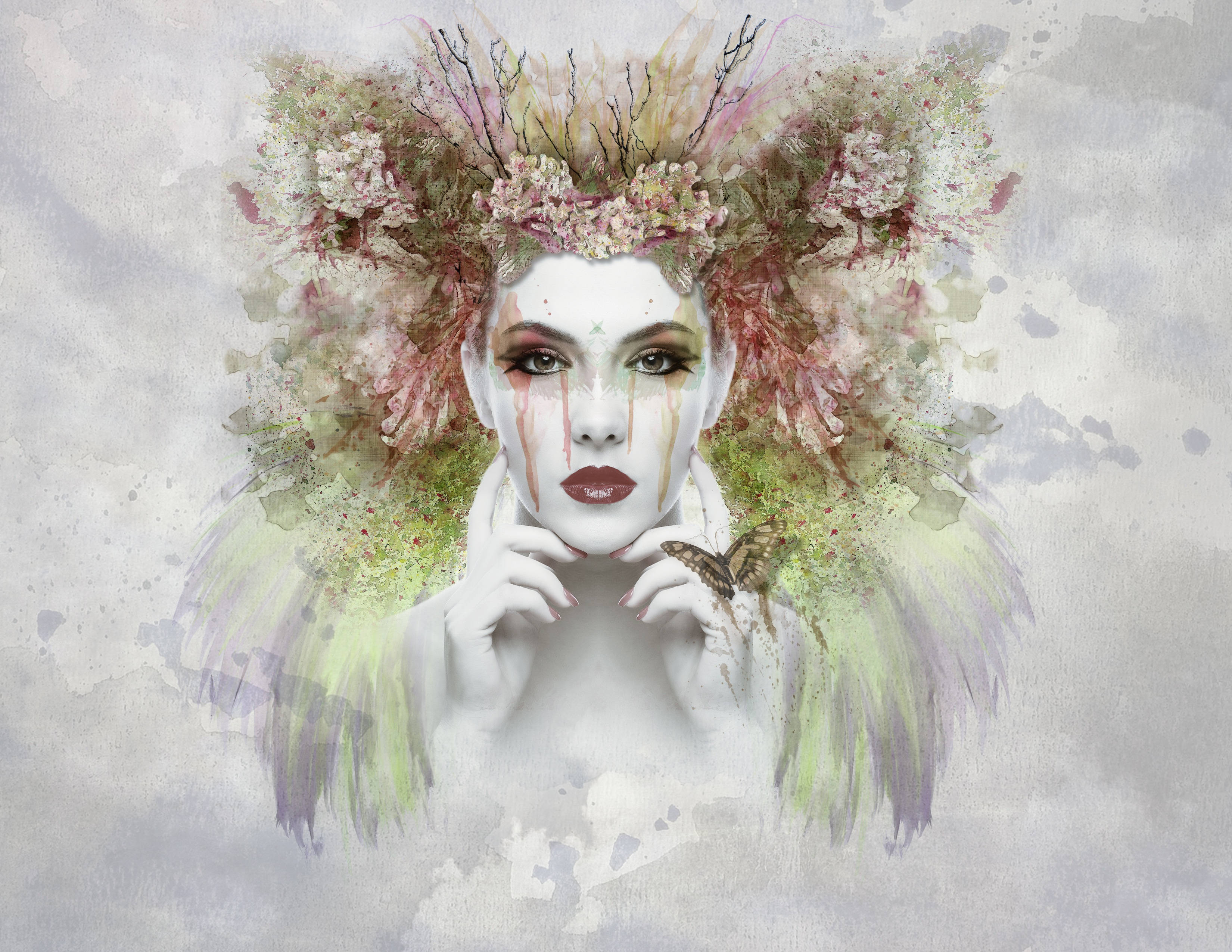 fantasy girl, watercolor portrait, floral crown, 2K Desktop Wallpaper