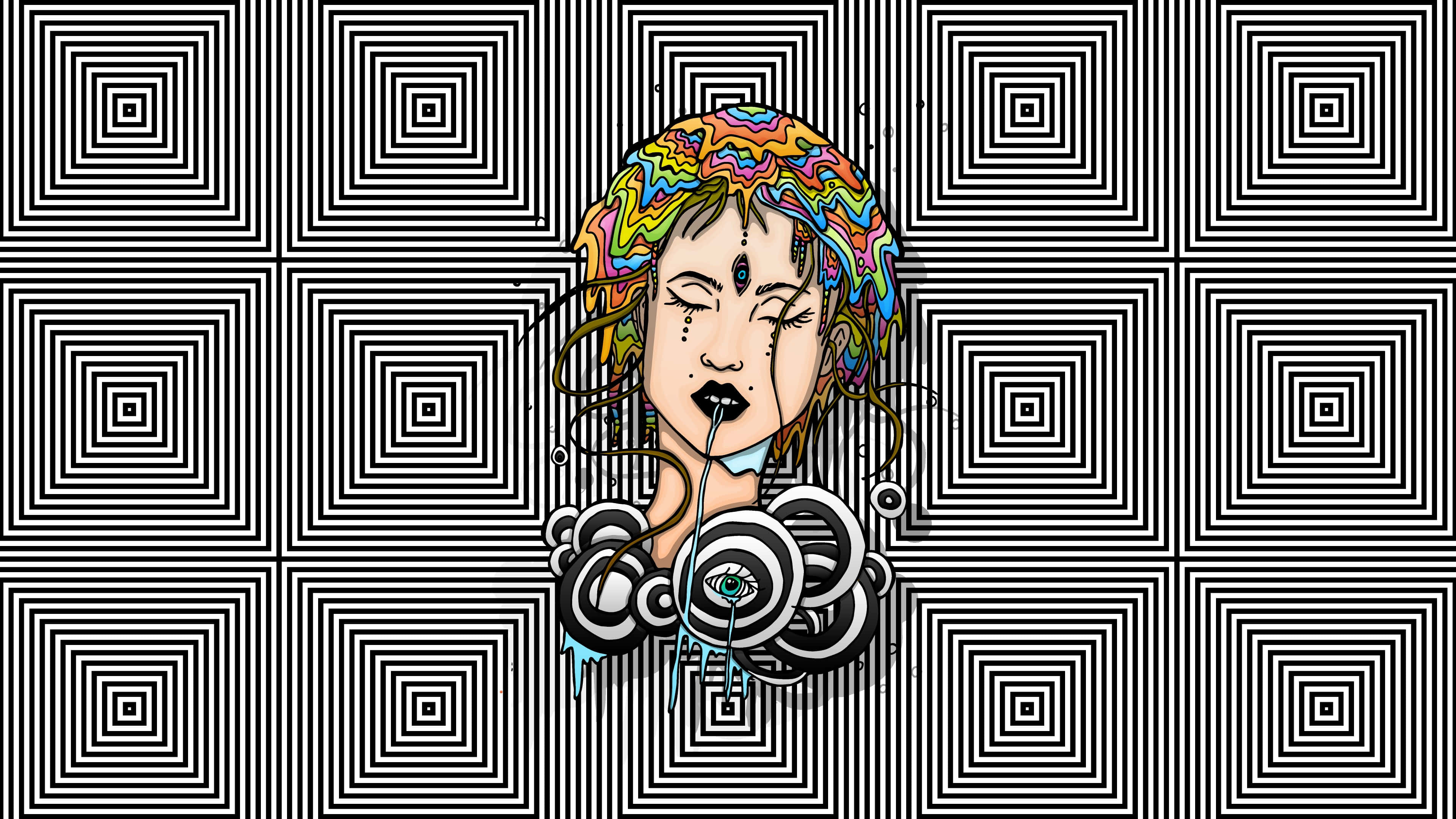 psychedelic portrait, square pattern background, colorful hair, 4K Desktop Wallpaper