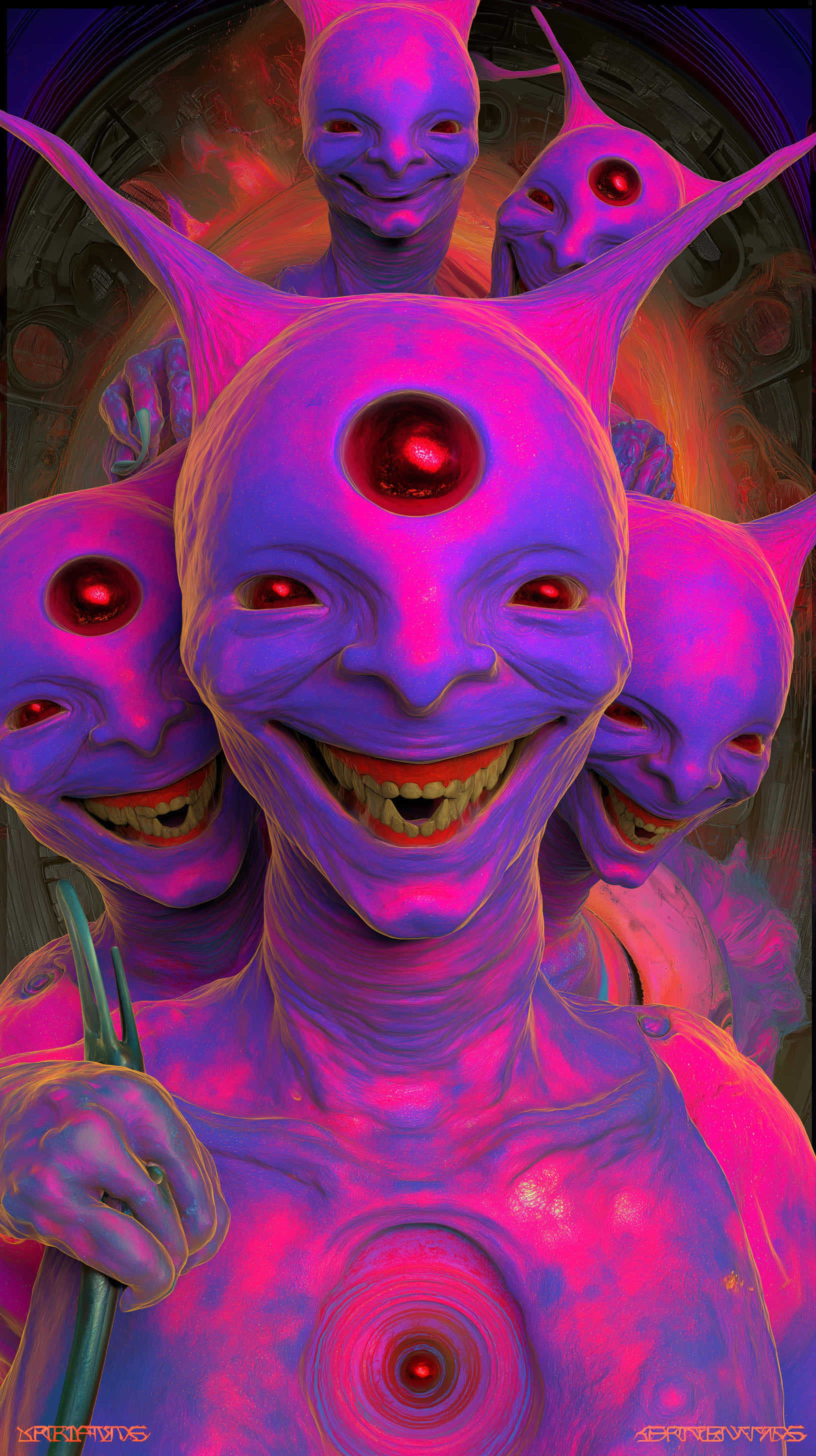 surreal purple alien, glowing red eyes, multiple smiling faces, 2K Phone Wallpaper