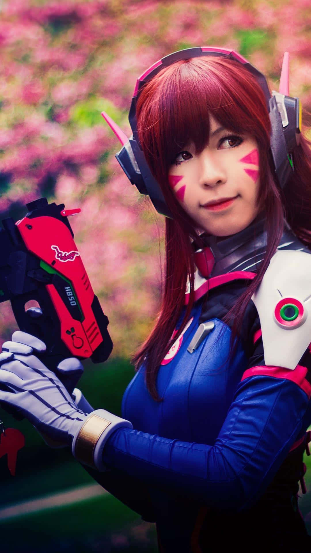 futuristic warrior cosplay, red hair, pink face markings, Full HD Phone Wallpaper