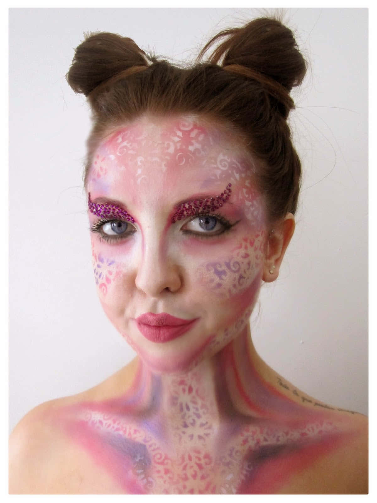 fantasy makeup, pink and purple glitter makeup patterns, face and neck, HD Phone Wallpaper