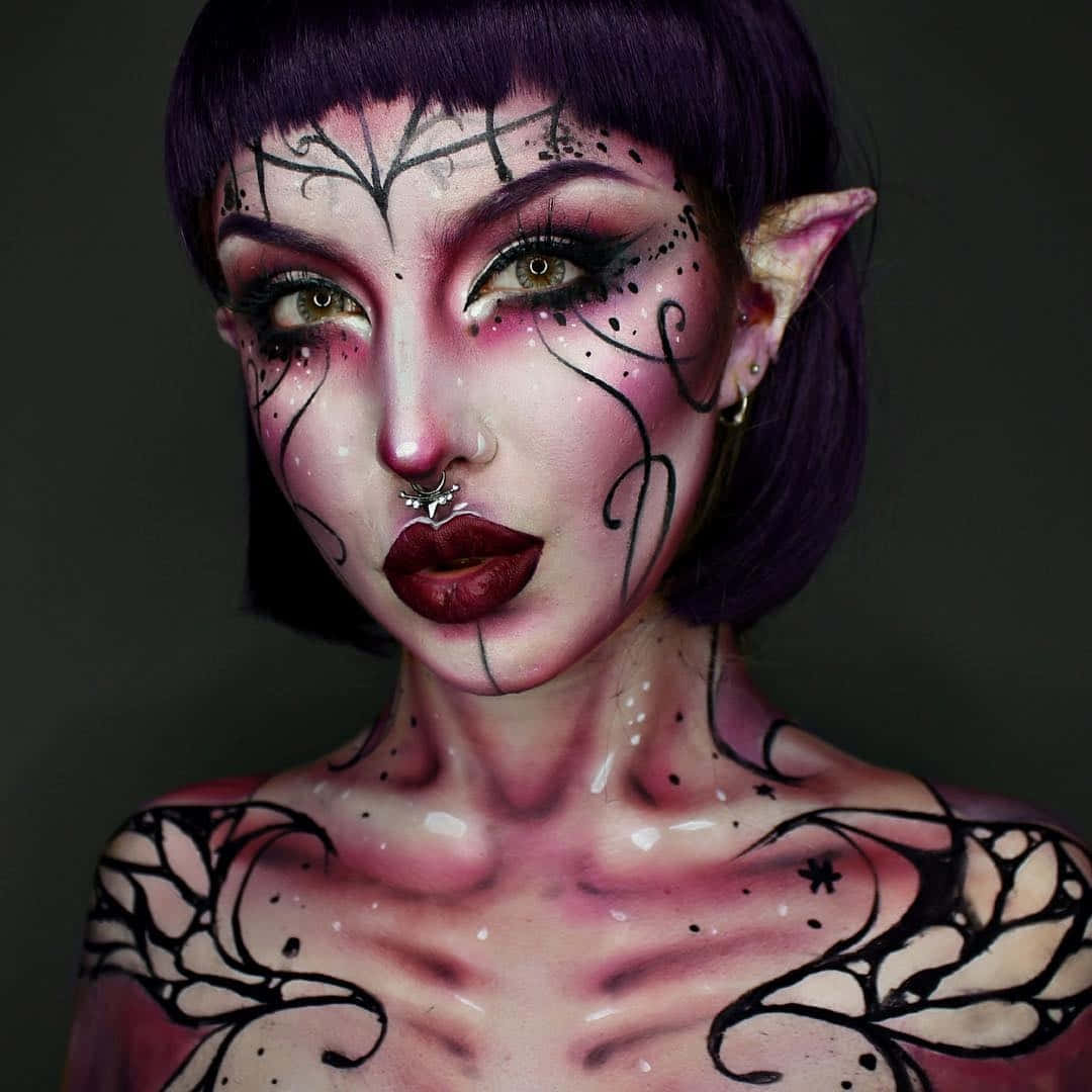 elf ears, purple hair, intricate black face and body paint, SD Desktop Wallpaper
