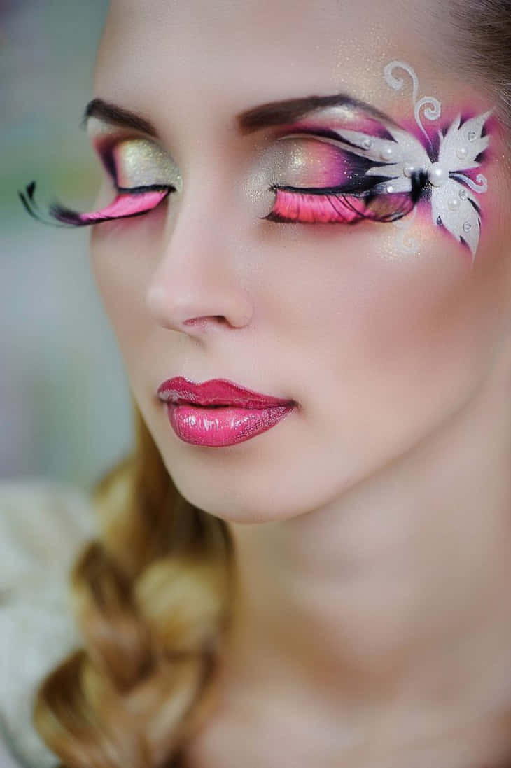 Fantasy Makeup, vibrant pink glitter eyeshadow, white pearl butterfly design, SD Phone Wallpaper