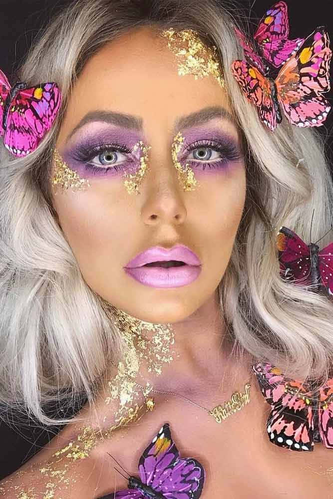 butterfly fantasy makeup, silver hair, vibrant pink and purple butterflies, SD Phone Wallpaper
