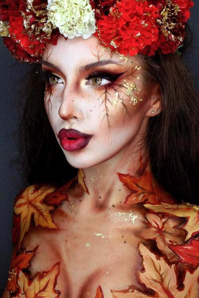 autumn fantasy makeup look, autumn leaves, gold glitter, SD Phone Wallpaper