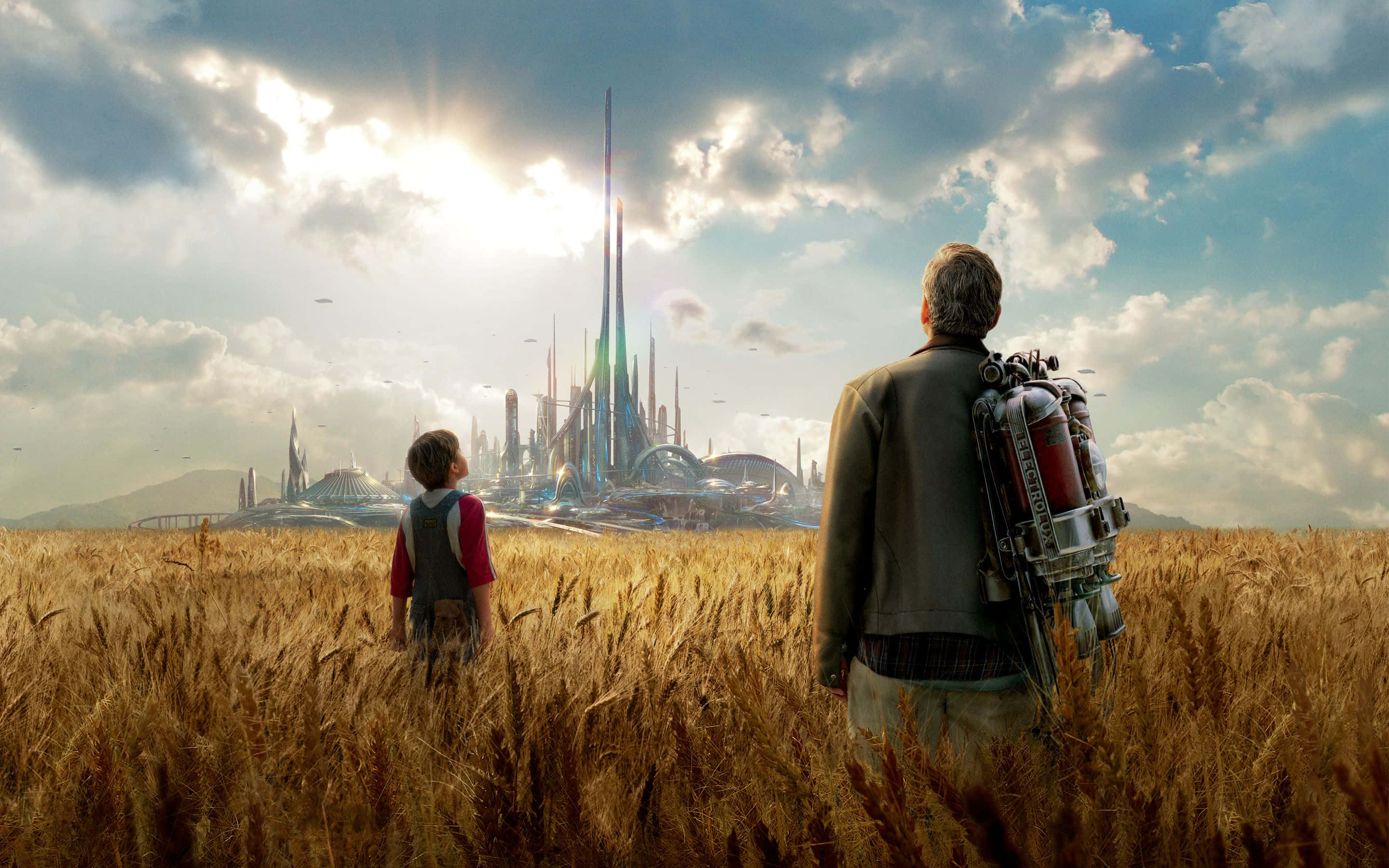 futuristic city, golden wheat field, father and son, 2K Desktop Wallpaper