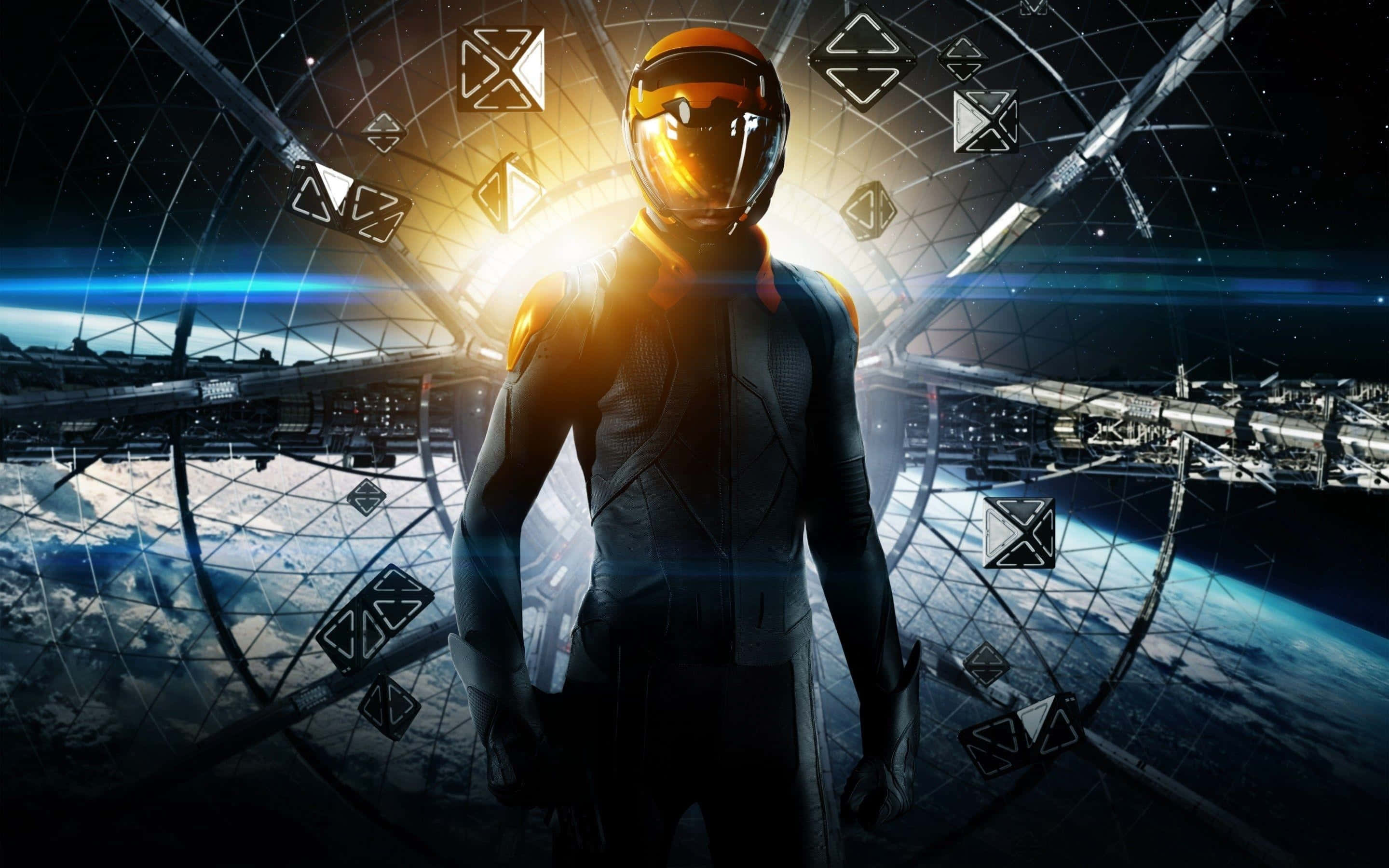 futuristic astronaut, glowing helmet, space station, 2K Desktop Wallpaper
