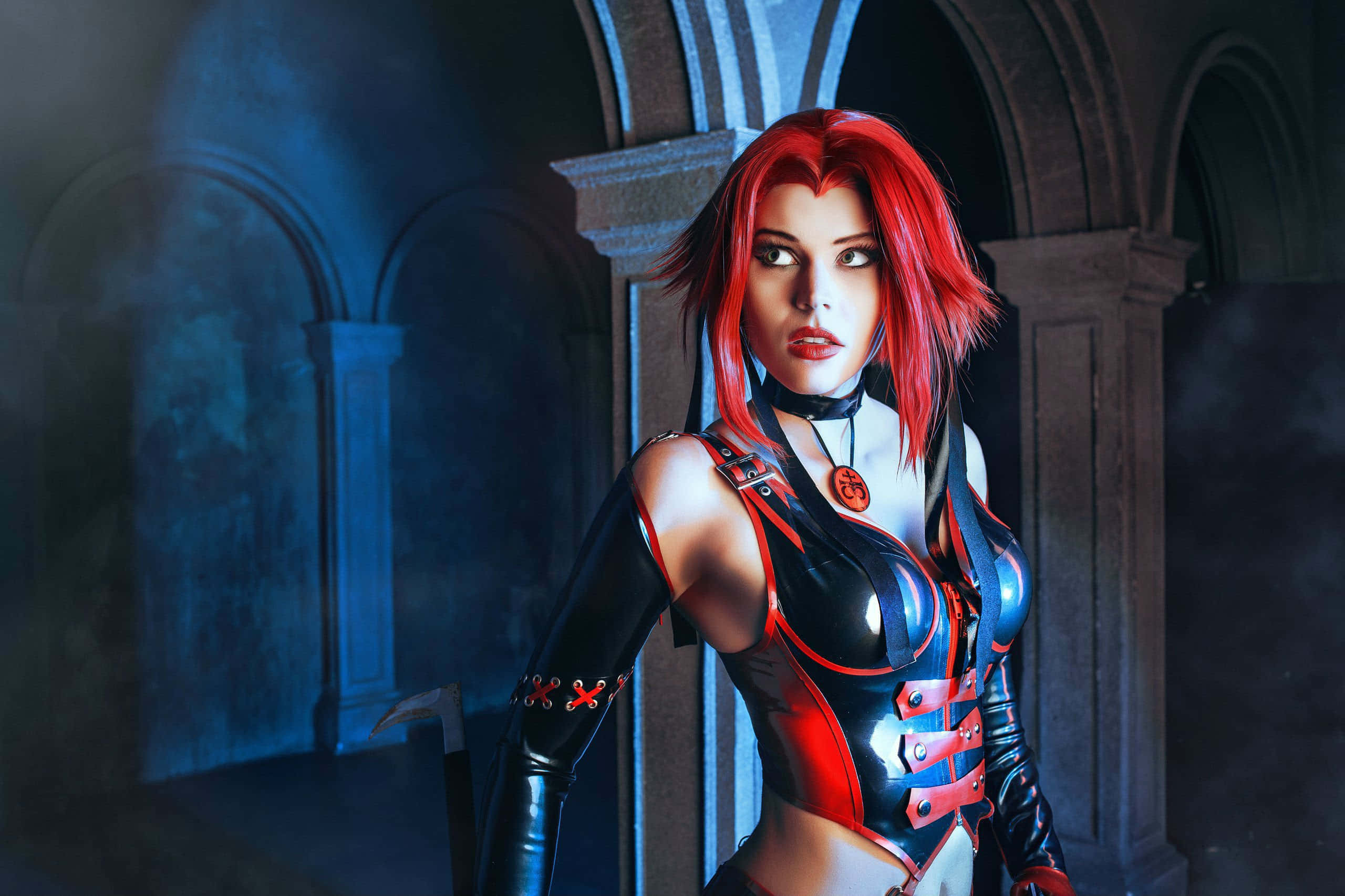 red-haired warrior, gothic hallway, black and red armored outfit, 2K Desktop Wallpaper