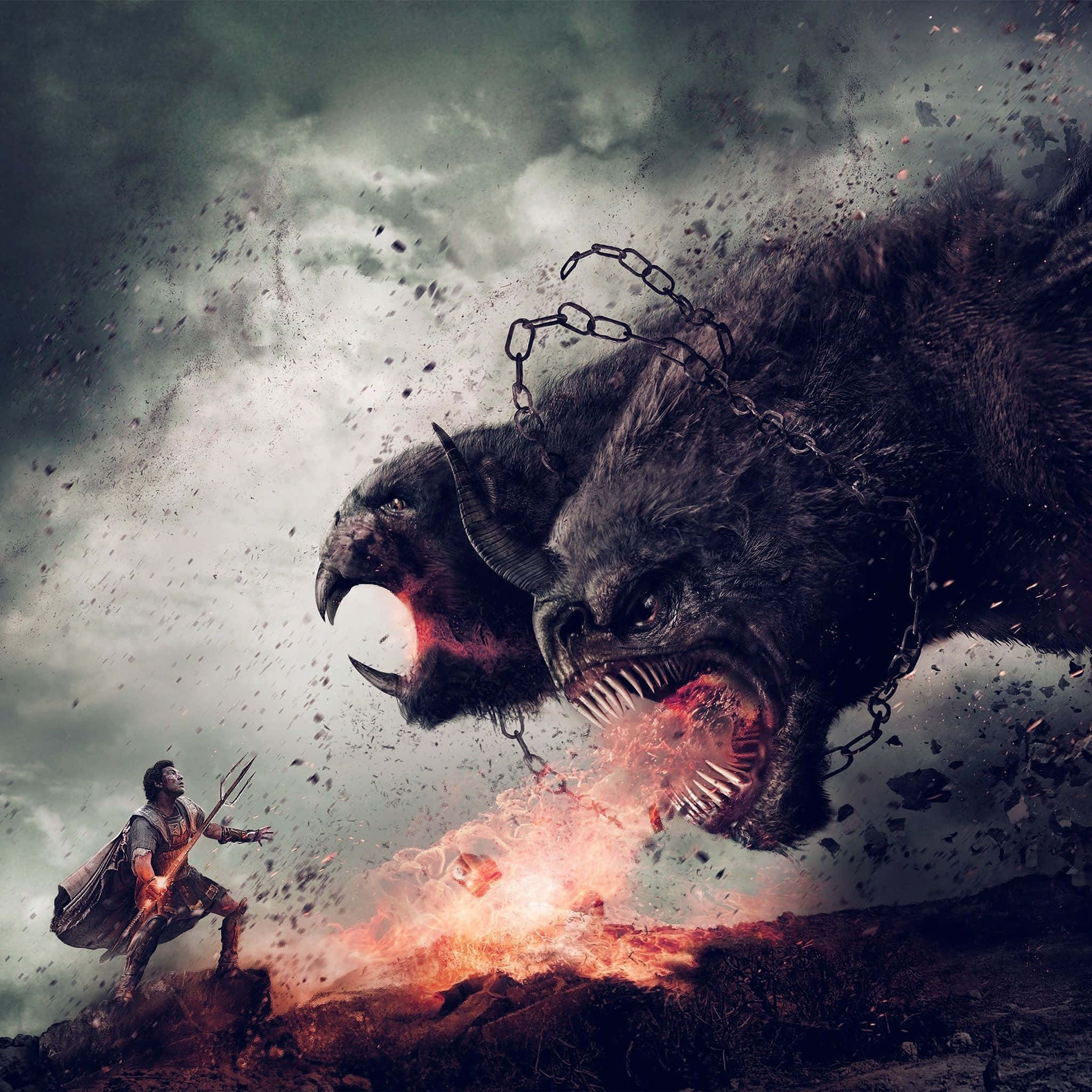 warrior, massive chained two-headed beast, fire from its mouth, Full HD Desktop Wallpaper