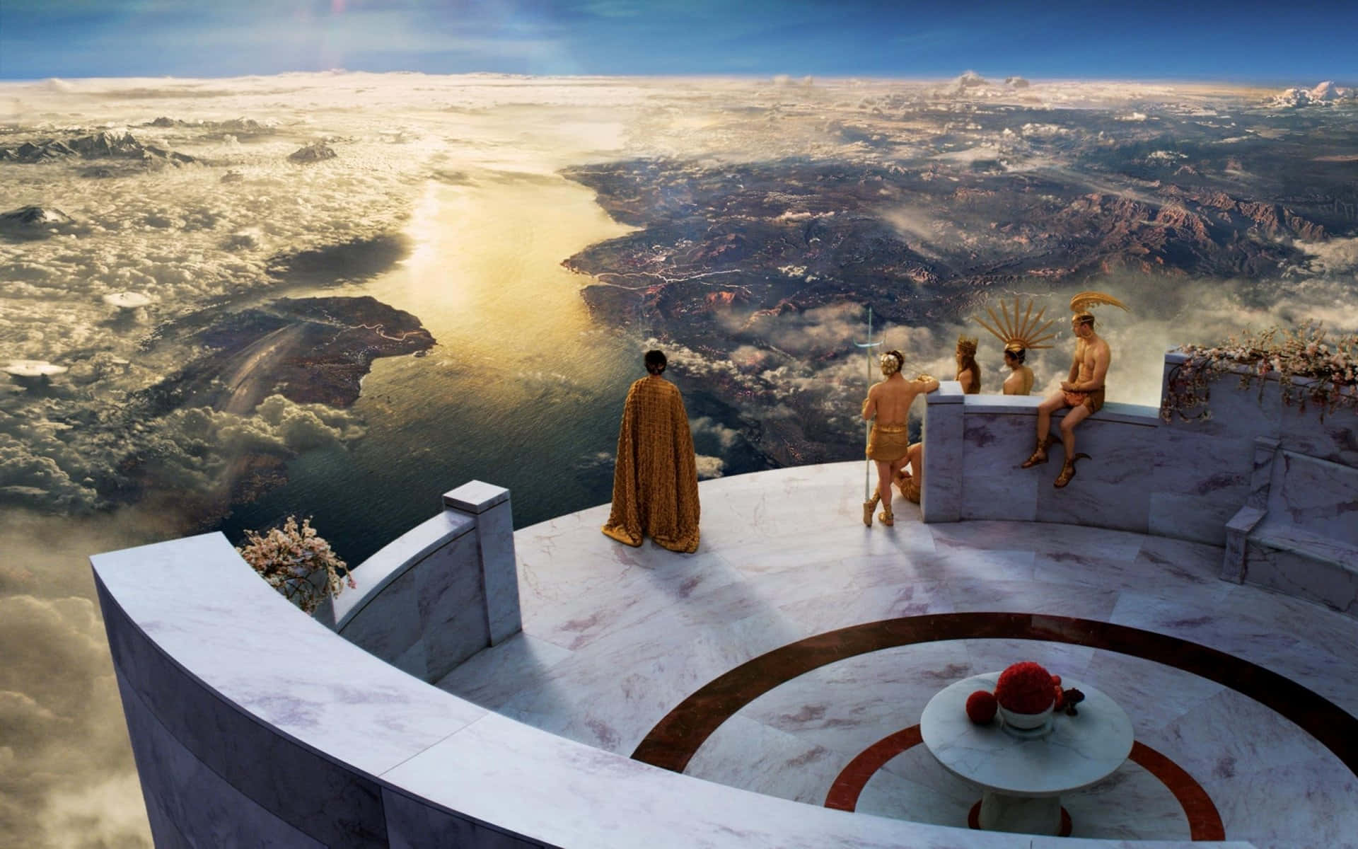 mystical mountain summit, golden robes, marble terrace, Full HD Desktop Wallpaper