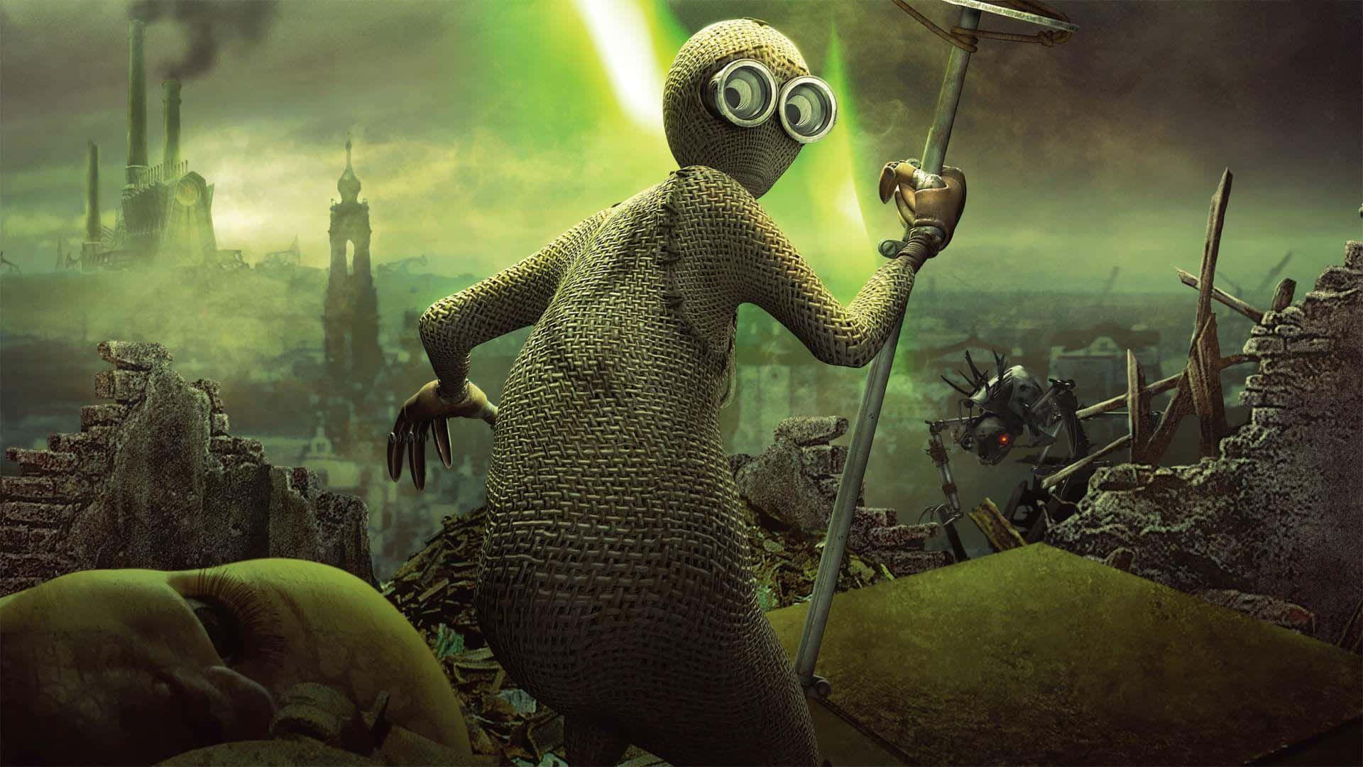 woven humanoid, goggles, ruined cityscape, Full HD Desktop Wallpaper
