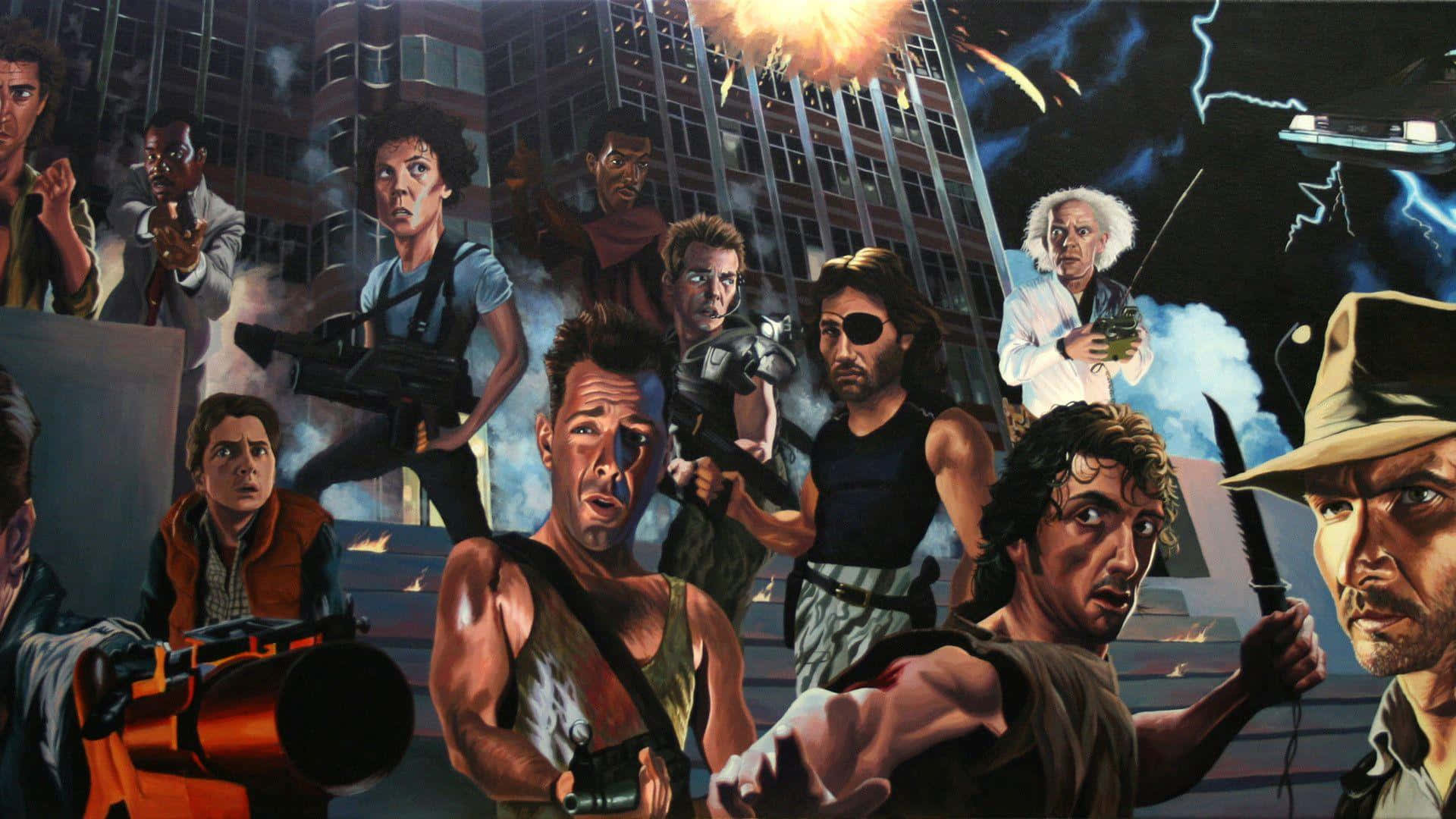 Action Heroes, iconic action movie heroes, chaotic urban battlefield, Full HD Desktop Wallpaper