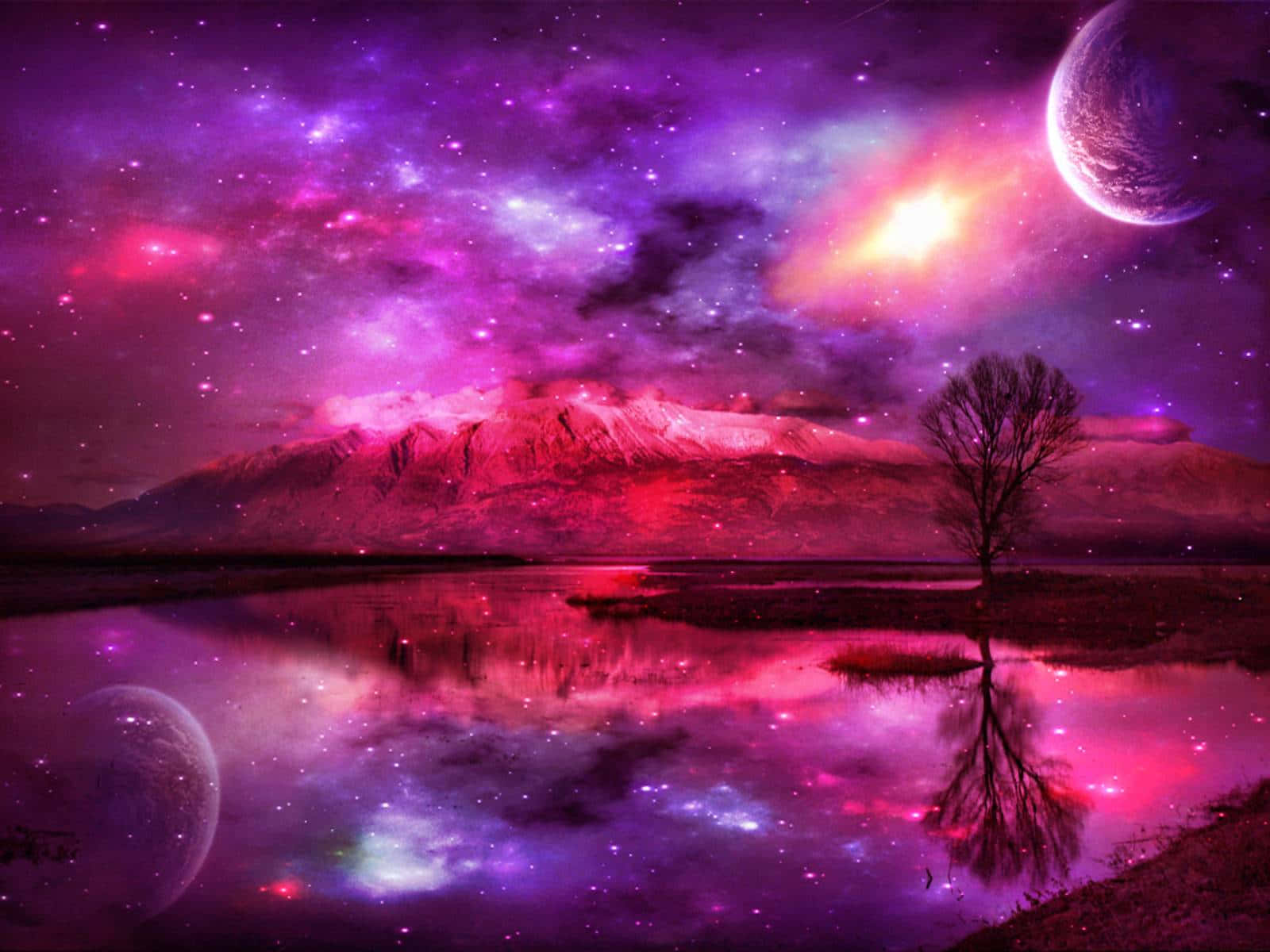vibrant purple and pink cosmic sky, glowing nebulae, floating planets, HD Desktop Wallpaper